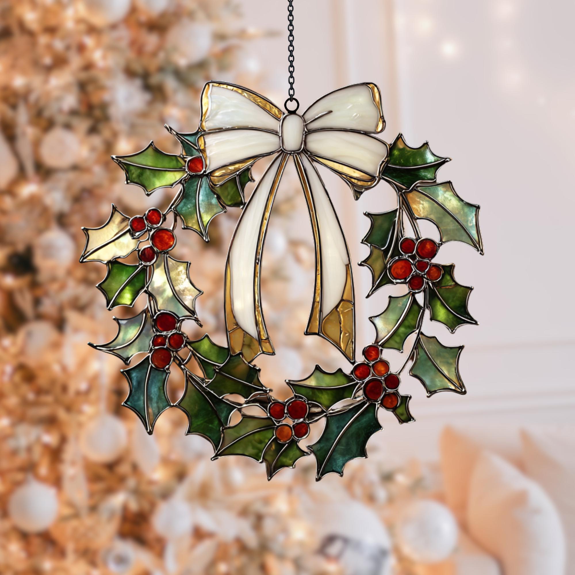 Christmas Holly Wreath Acrylic Suncatcher | Festive Holiday Stained Glass Window Hanging | Holly Wreath ornament | Christmas gift, THT