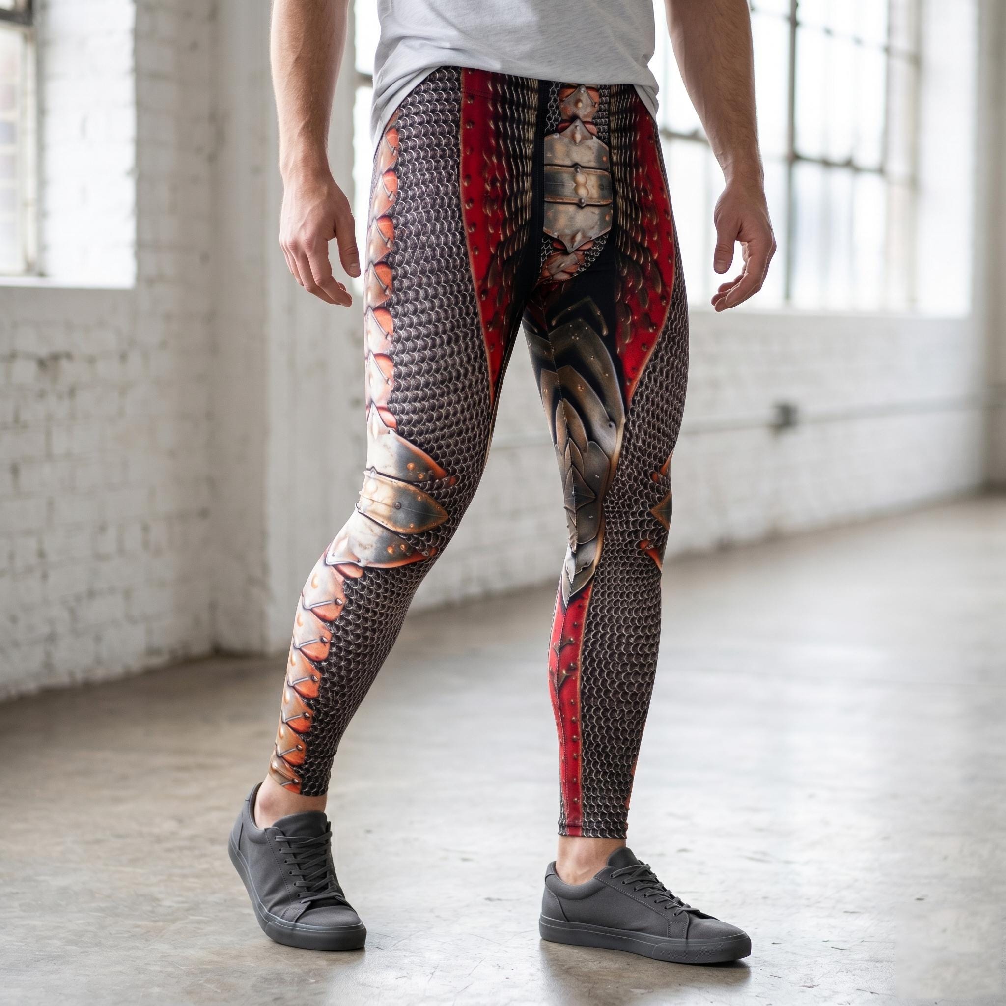 Red Gladiator Mens Leggings, Exoskeleton Armor, Workout Pants, Dystopian Cycling Athletic, Fitness, Running, Exercise, Wrestling Chainmail