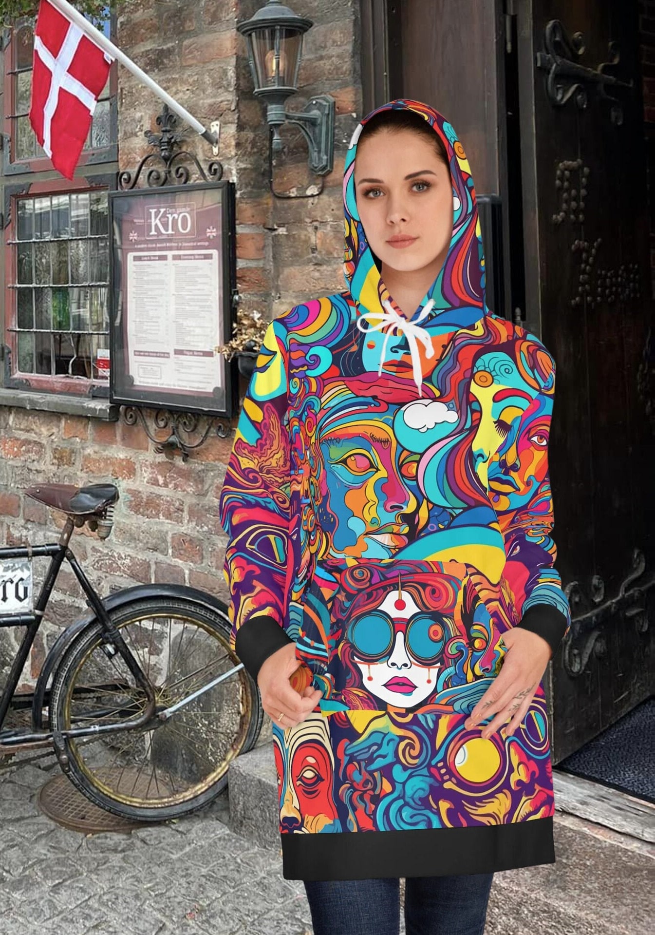 Hippie Art Hoodie Dress Long Sleeve, Halloween Cosplay Costume, Gift For Women