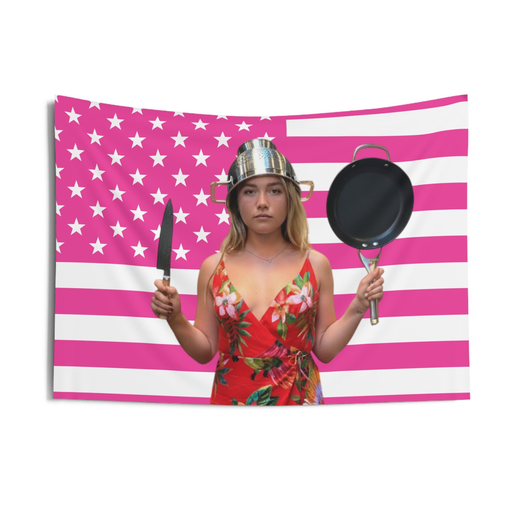 Cooking Florence Pugh Flag, Florence Pugh Indoor Wall Tapestries, Florence Pugh Pink Flag