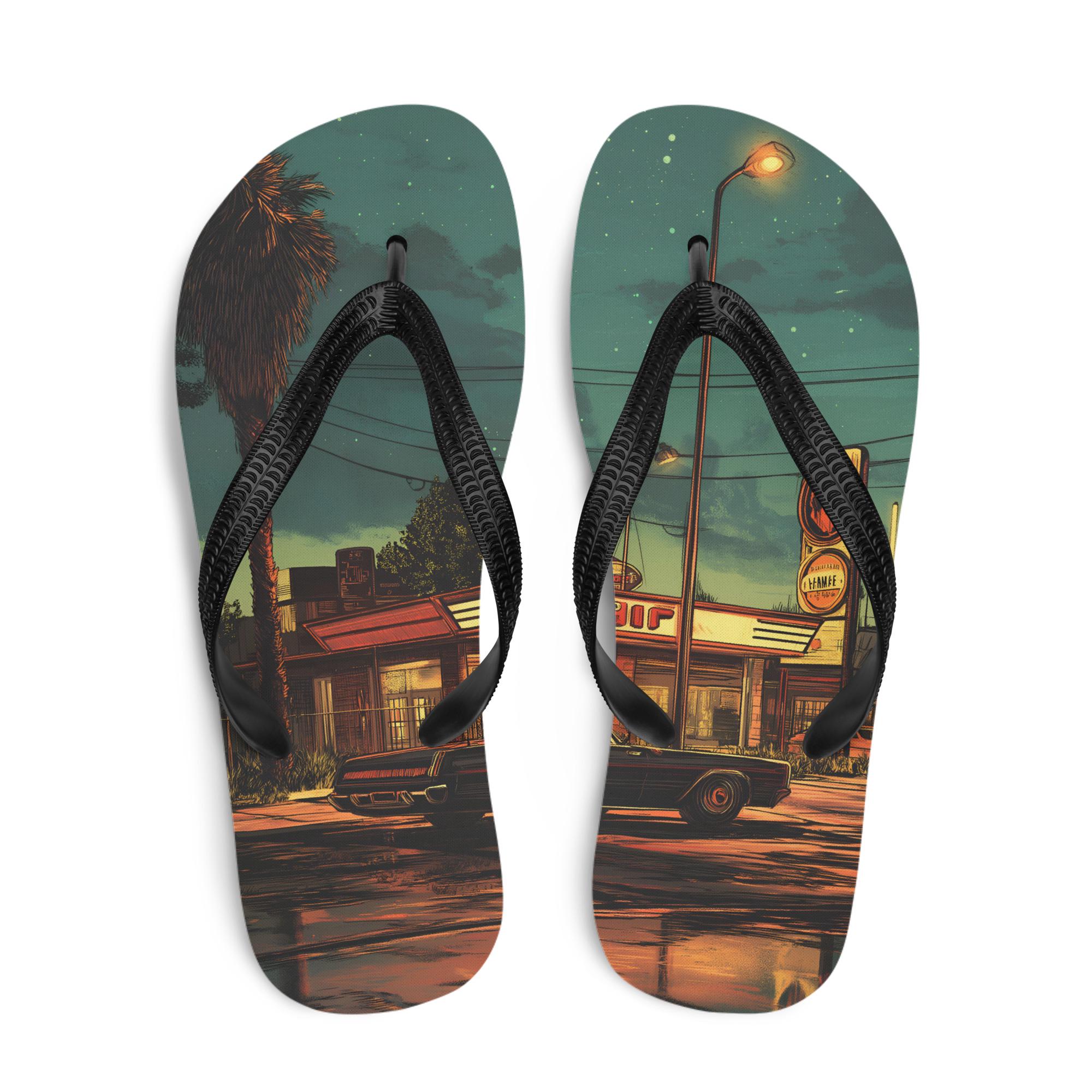 Retro Diner Flip-Flops | Vaporwave Synthwave Car Beach Sandals | 80s Cyberpunk Aesthetic Footwear | Neon Night Scene Pool Slides