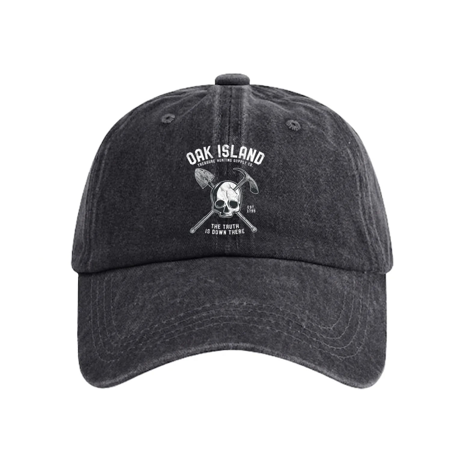 Oak Island Vintage Skull Templar Treasure Hunting Washed Denim Baseball Caps