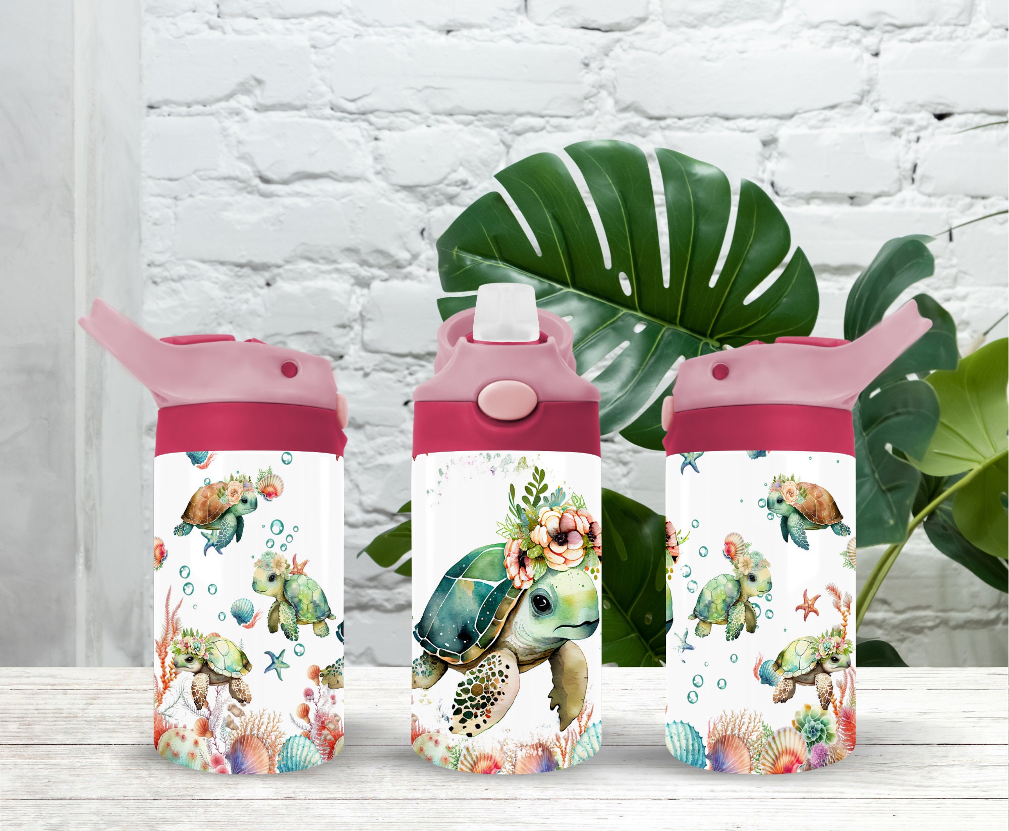 Floral Turtle Kids Water Bottle 12oz Flip Top