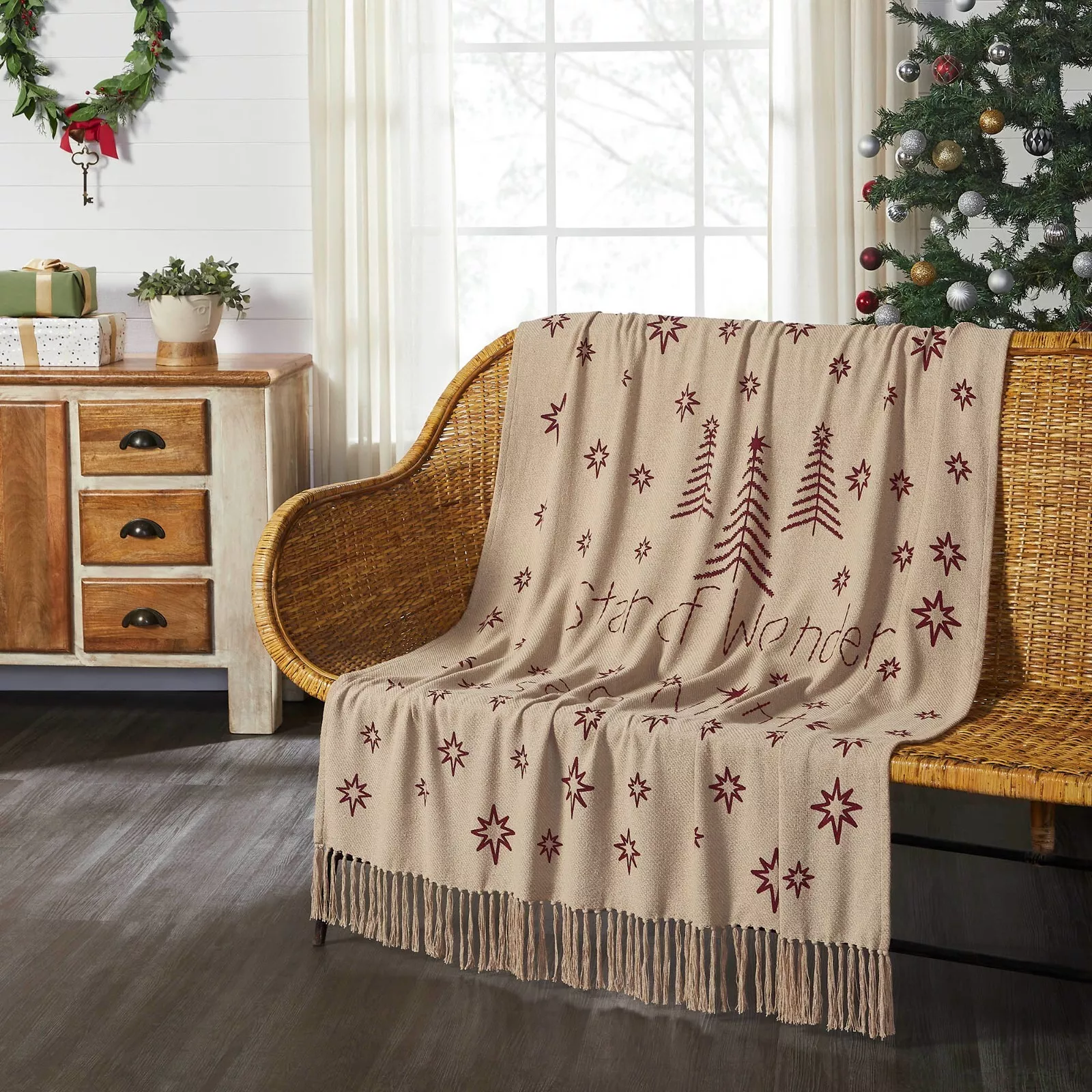 Star of Wonder Woven Throw 50x60 Blanket Country Cotton Burgundy Tan Brown