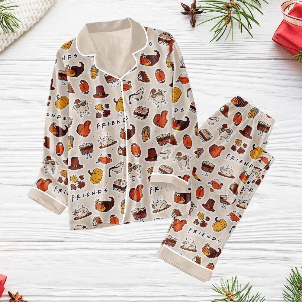 Friends Pajamas Set, Thanksgiving Women Pajamas, Autumn Vibe Pajamas Set, Pumpkin Holiday Pajamas, Halloween 2024 Pajamas, Gift For Her