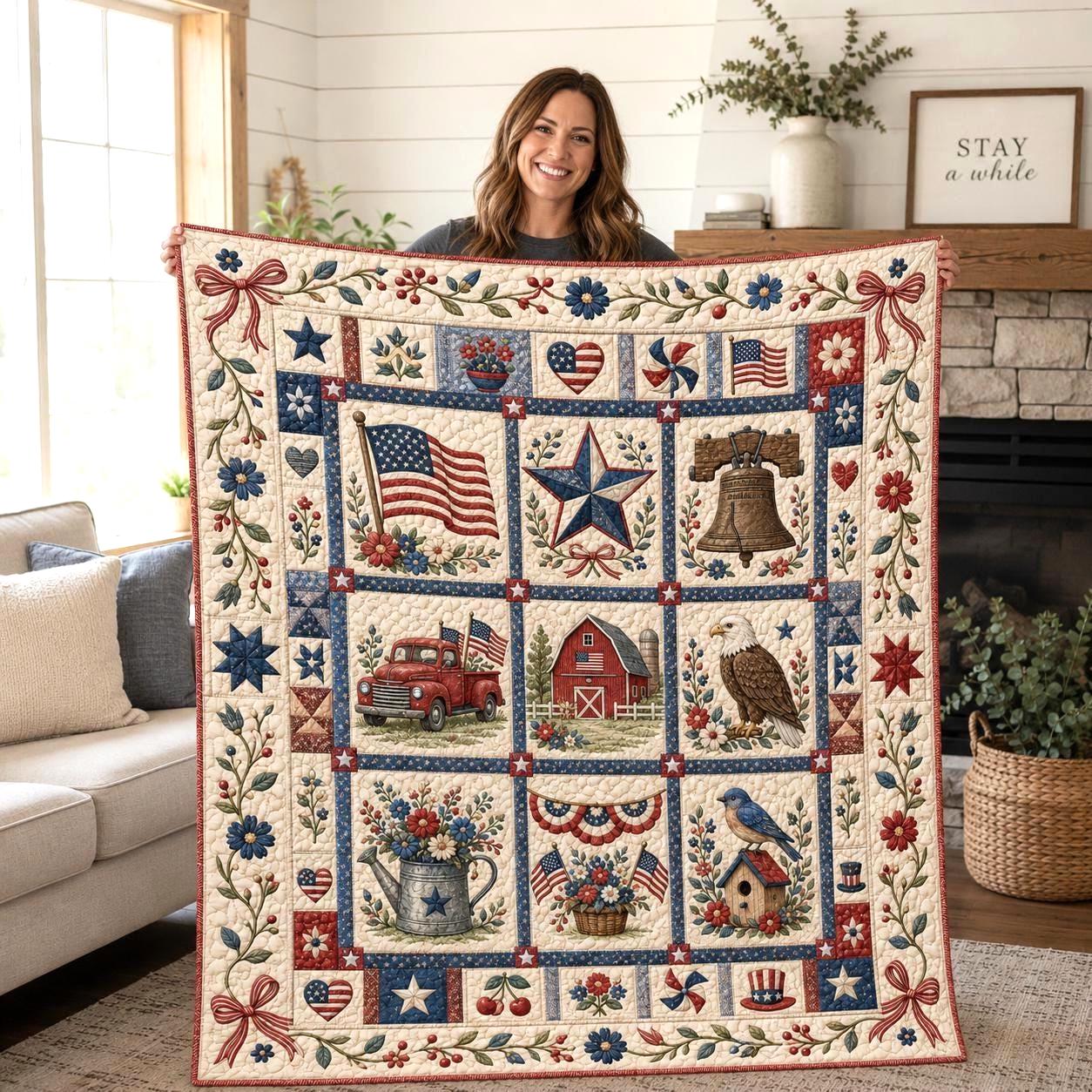 Vintage Americana Quilted Blanket, Farmhouse USA Flag Throw, Cottage Patriotic Decor Quilt