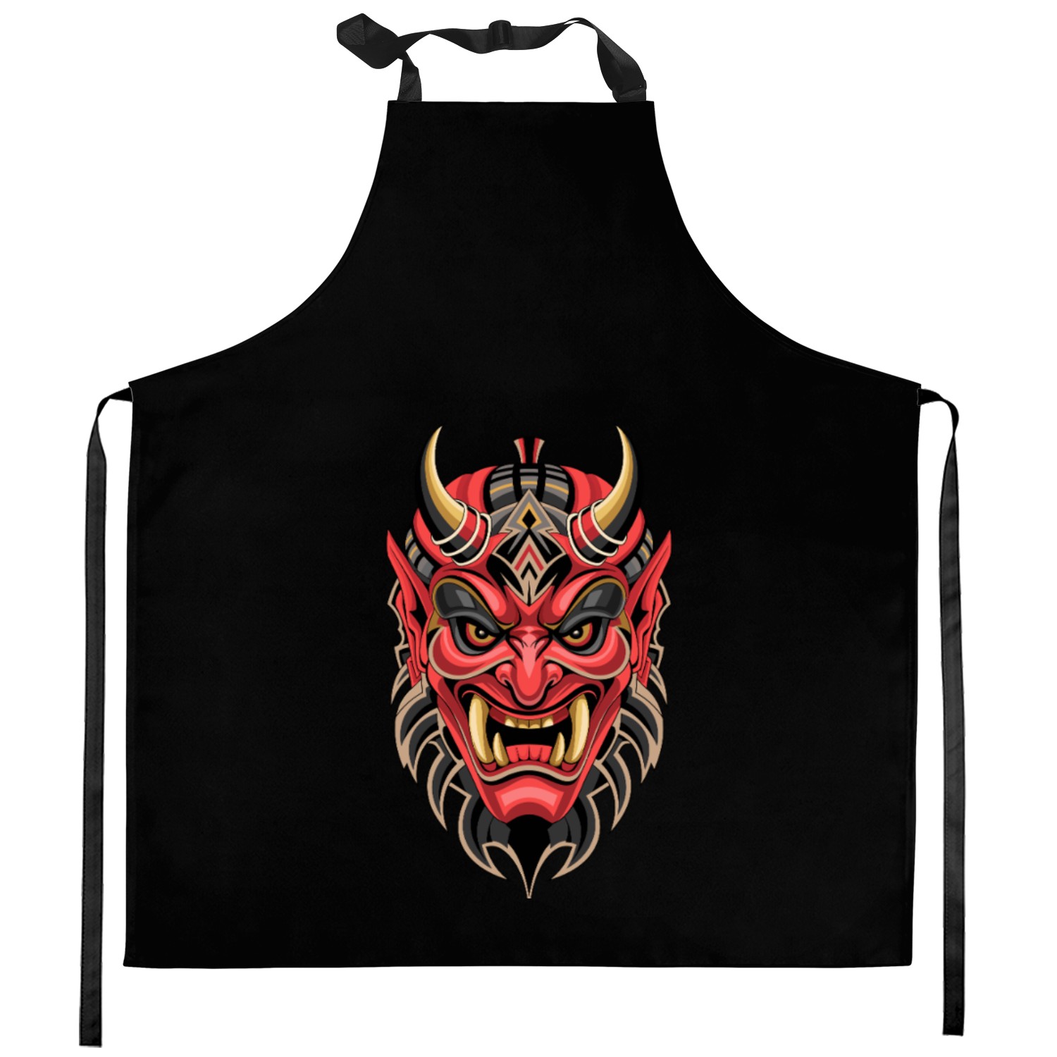 Fierce Traditional Oni Mask Art with Intricate Kitchen Aprons