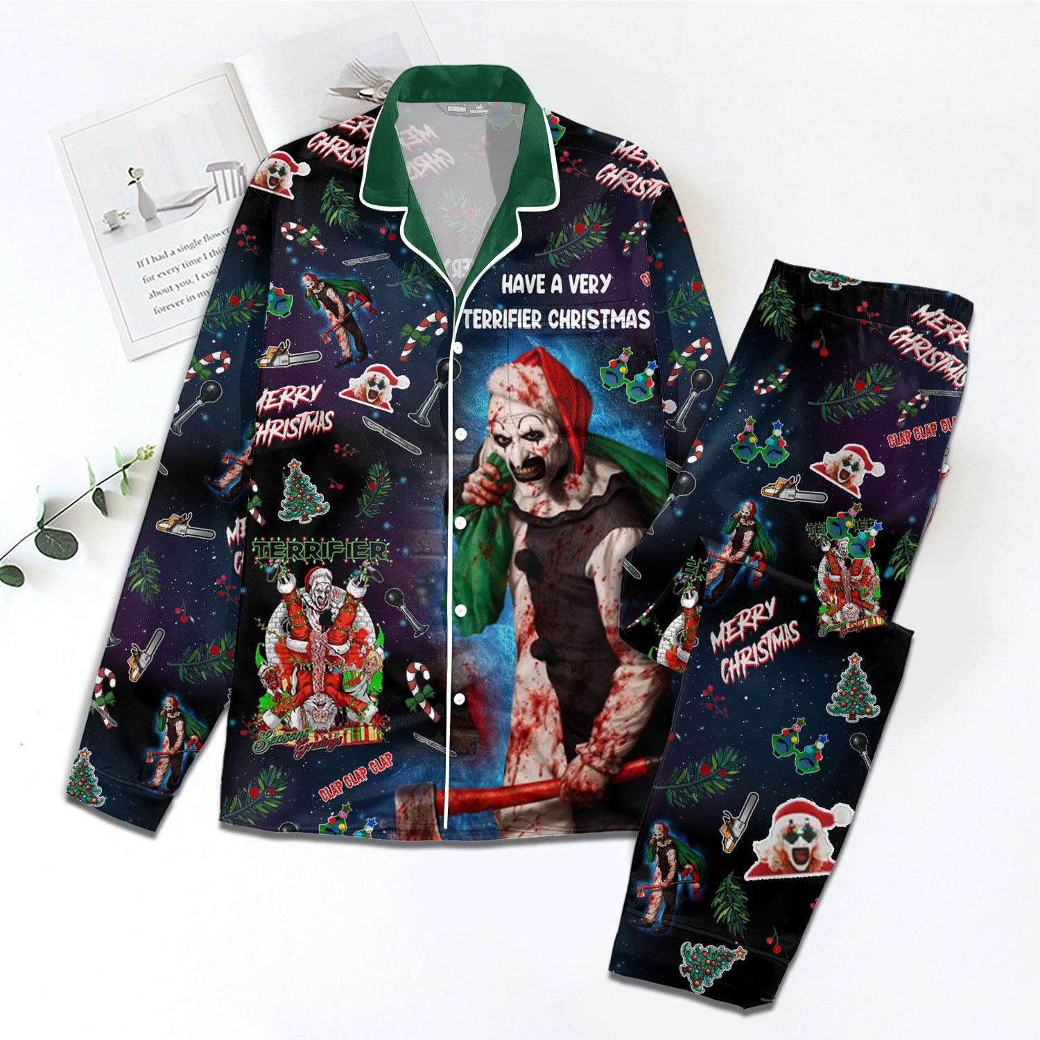 Christmas Terrifier Pajamas Set, Terrifier 3 Holiday Pjs, Horror Characters Shirt, Evil Clown Pajamas Pants, Scary Movie Gifts, Pj Set