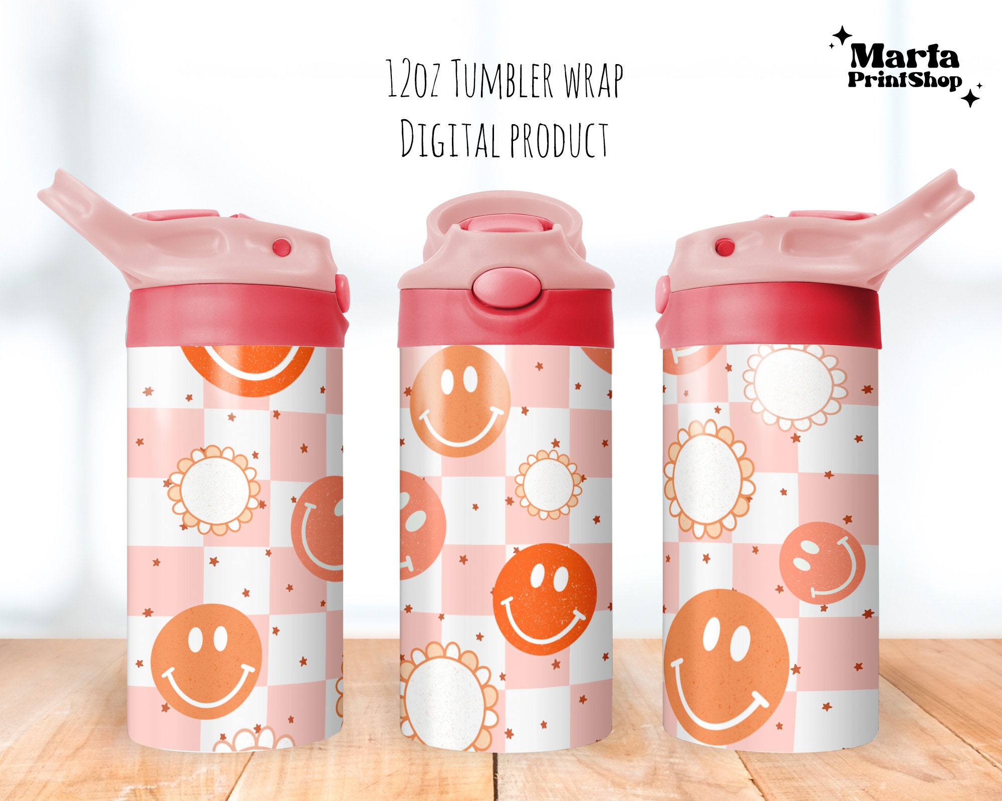 Retro Smiley Face Love flower Tumbler, Retro Smiley Face Sippy Cup 12oz, Flower Girly