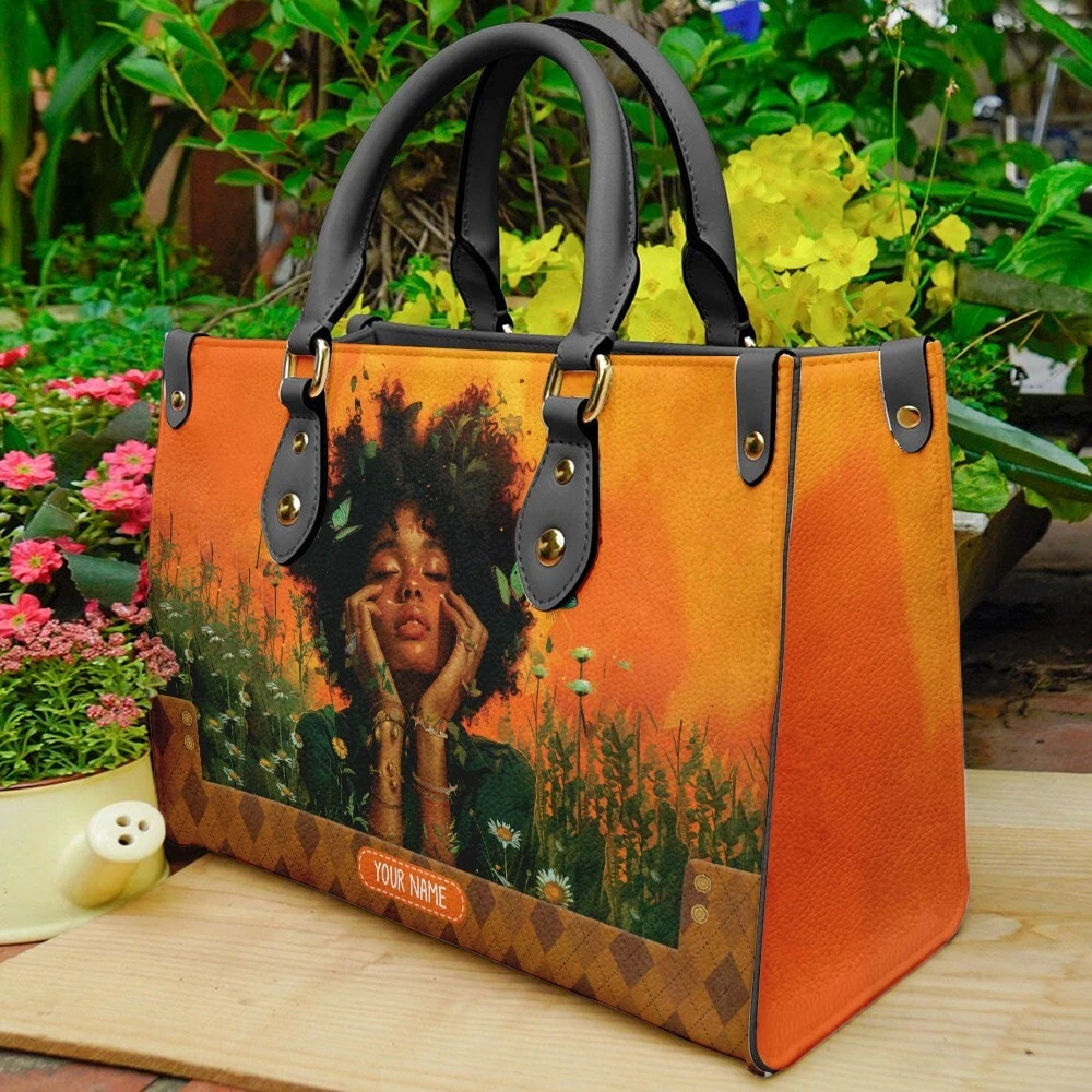 Personalized Pretty African Black Girl In The Flower Garden Leather Handbag Gift