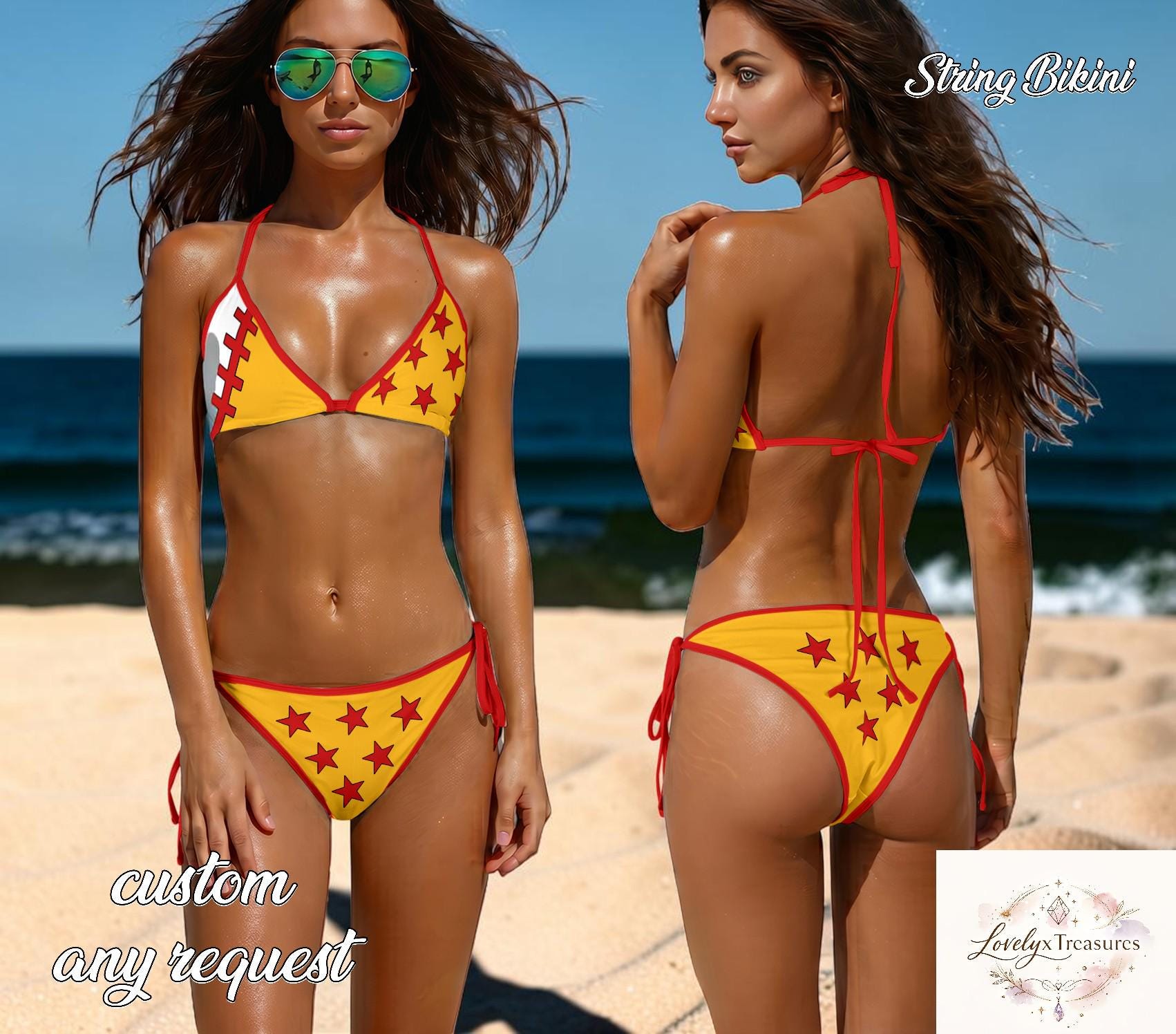 Red Yellow Star Bikini Set, Cartoon Style Triangle String Bikini, Cute Tie Side Swimsuit, Fun Summer Beachwear