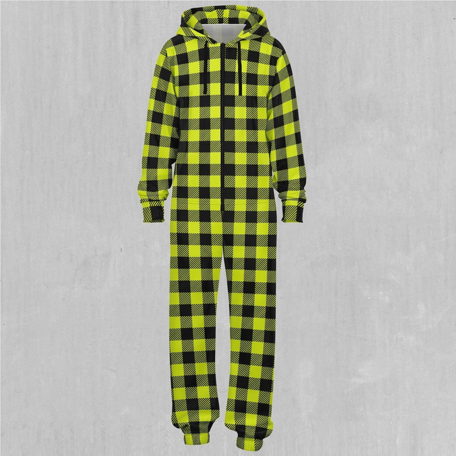 Yellow Checkered Plaid Adult Zip Up Jumpsuit Pajamas