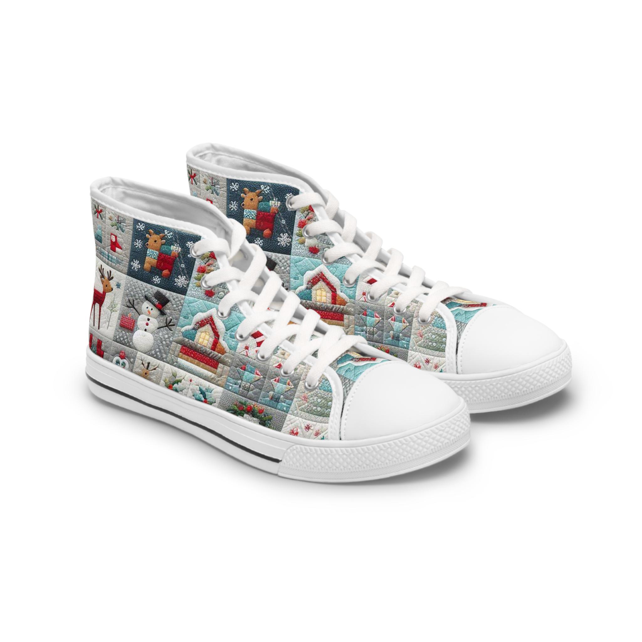 Christmas Quilt High-Top Sneakers, Women's Colorful Shoes, Holiday Footwear, Festive Shoes, Xmas Gift, Winter Fashion, Christmas Shoes.