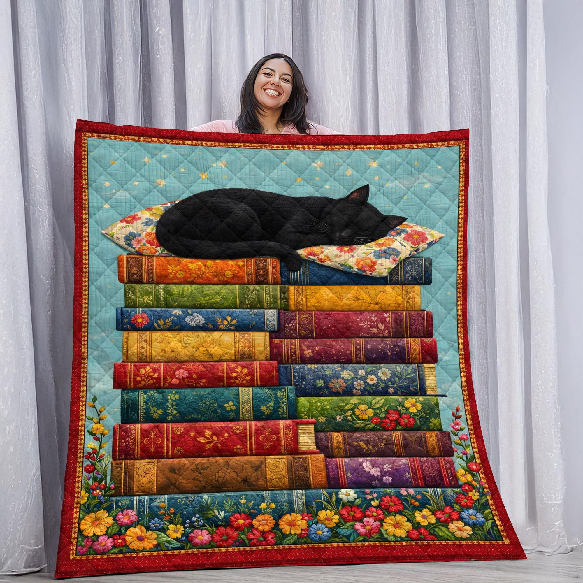 Cat Sleeping on Books Quilt Bed Blanket for Cat Lovers