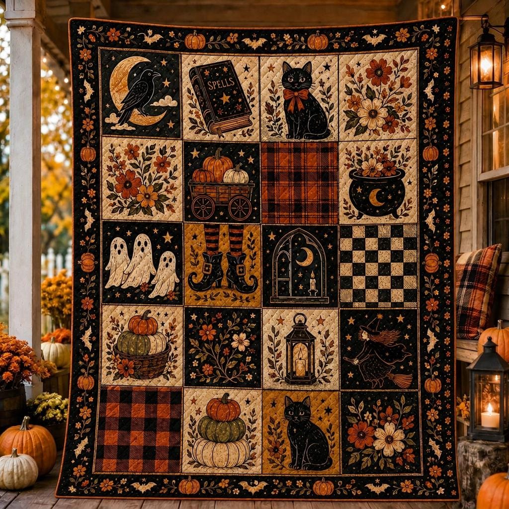 Halloween Patchwork Quilt Blanket, Ghost Pumpkin Black Cat, Cozy Autumn Bedding, Rustic Fall Home Decor, Halloween Gift