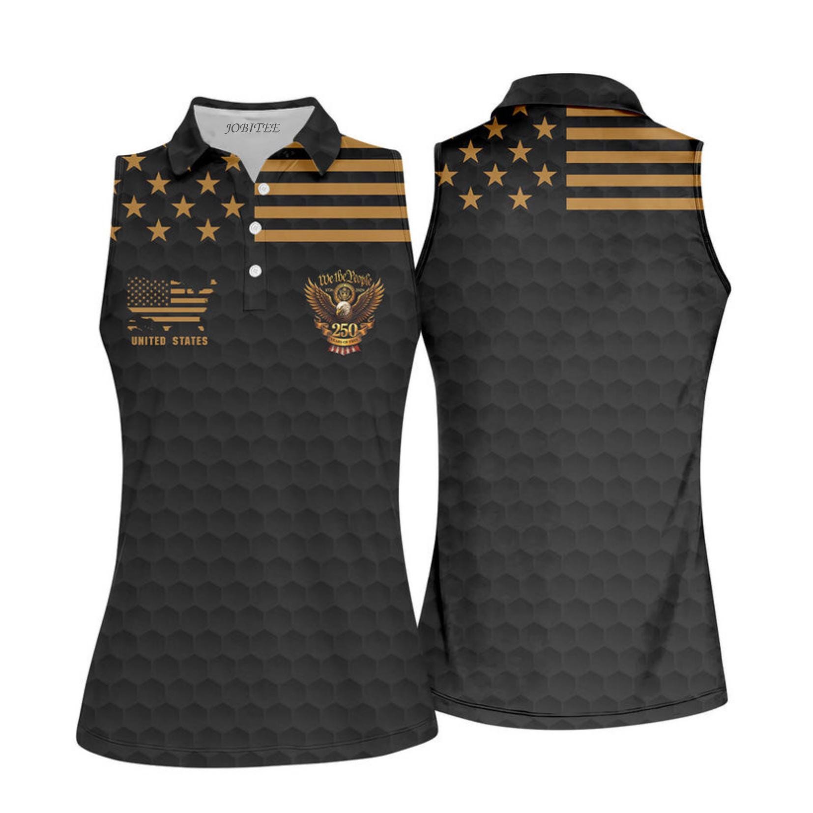 America 250 Golf Polo Sleeveless Women, Patriotic USA Flag Golf Shirt, 17762026 Independence Day Ladies Tactical Black Golf Top