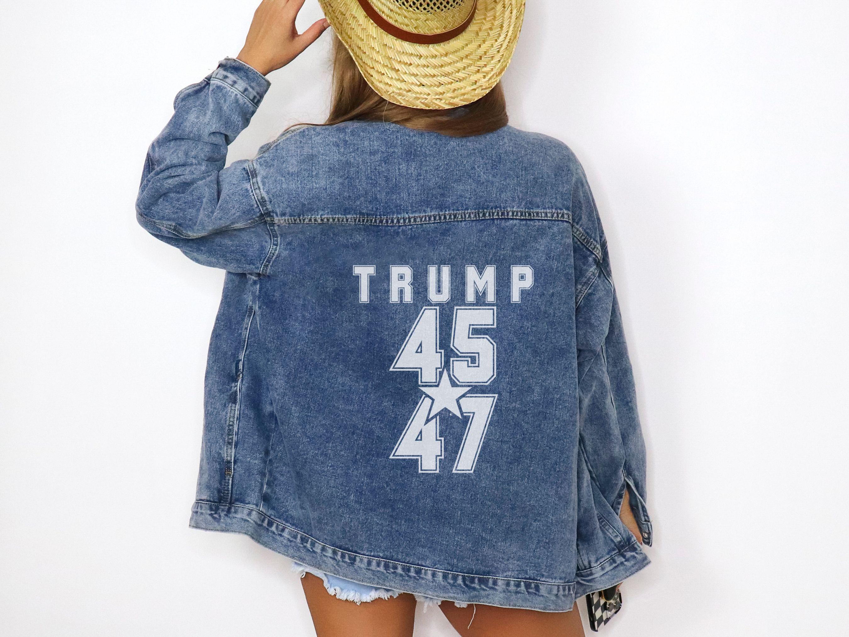 Trump Denim Jacket, Trump 2024, Trump Gift, Trump Merch, Trump Girl, Pro Trump Shirt, MAGA 45 47, Trump Jean Jacket, Trump Clothing