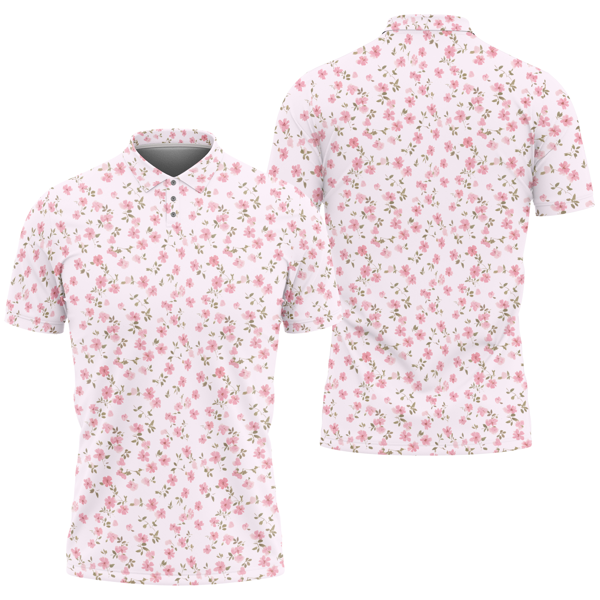 Pink Rosebud Women's Polo Shirt, Floral Short Sleeve Golf Top for Spring and Summer