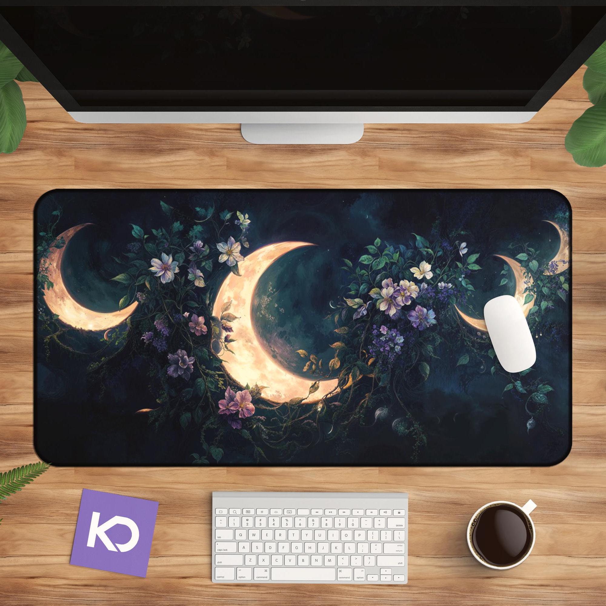 Celestial Moonlight Desk Mat with Enchanted Blossoms for Mystical Nights