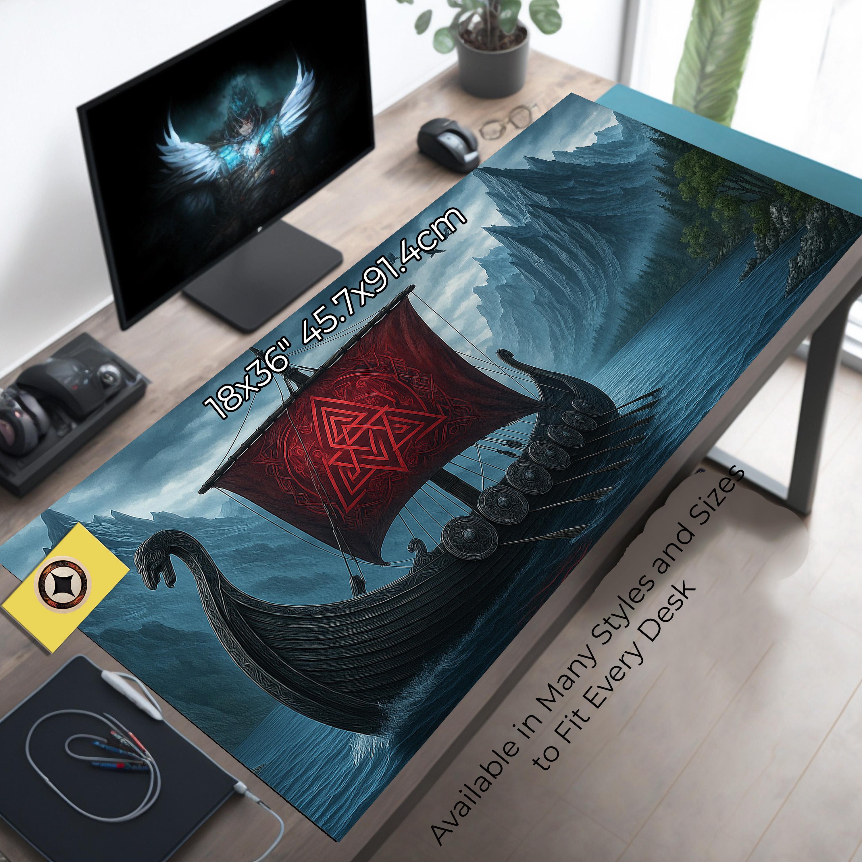Viking Longboat Desk Mat with Red Sail, Gaming Mousepad, Norse Table Decor