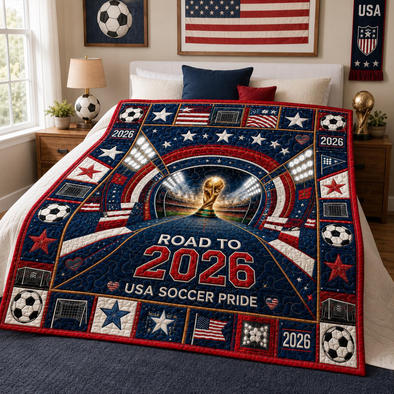 Soccer Quilt Blanket, Road To 2026 USA Pride Throw, 2D Printed Football Stadium Bedding