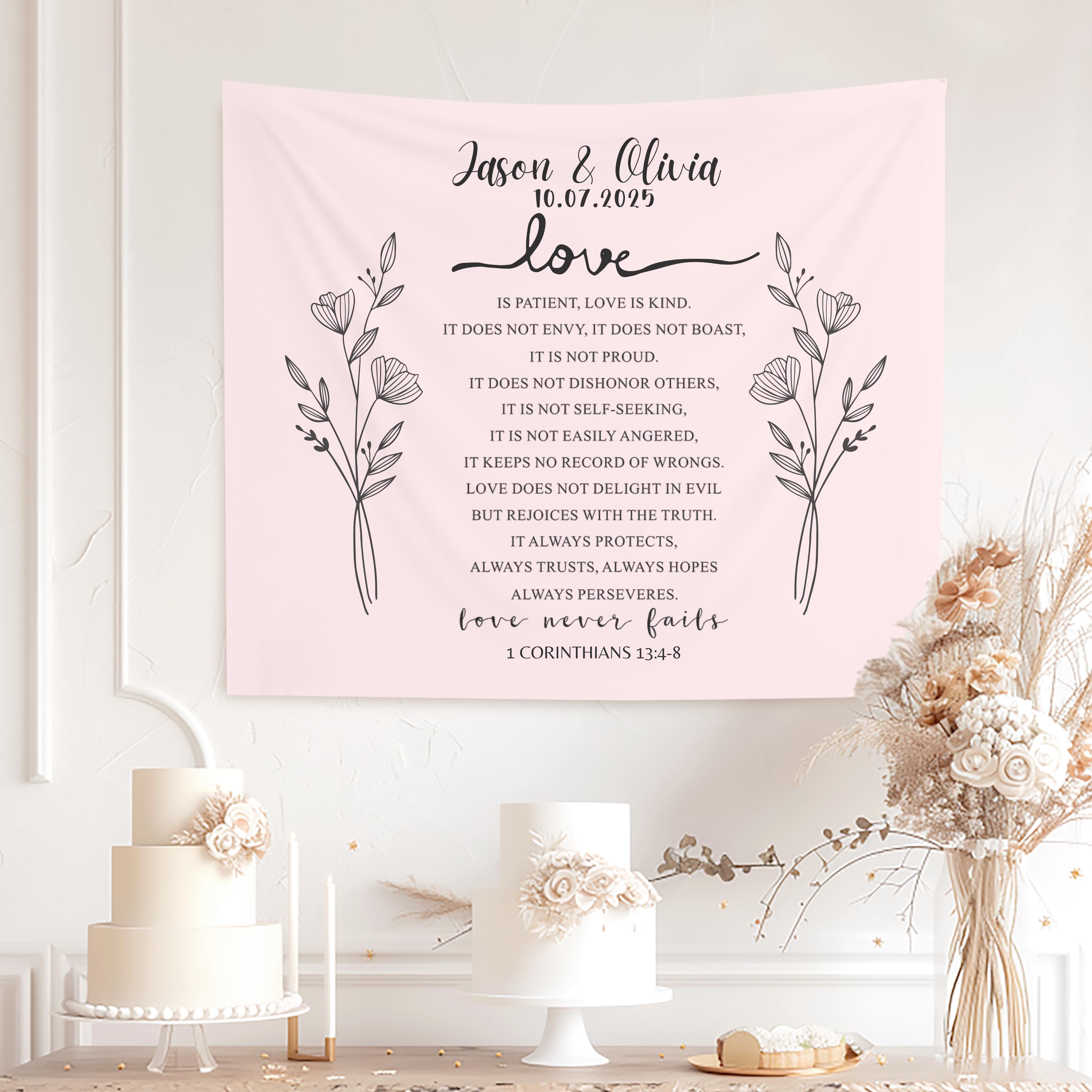 Personalized Wedding Tapestry, 1 Corinthians 13 Bible Verse Custom Wedding Ceremony Decor For Reception, Bridal Shower Backdrop
