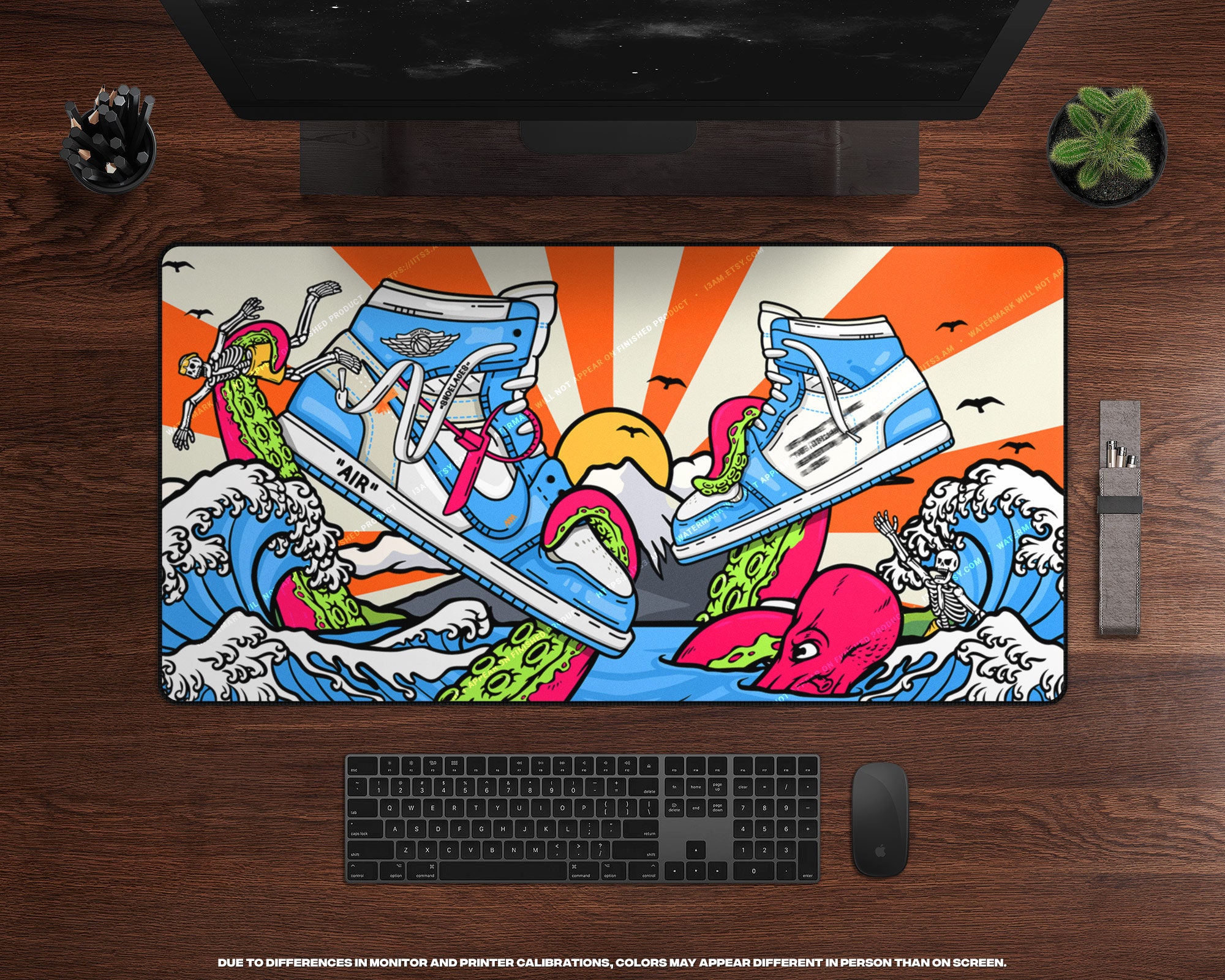 Japanese Waves OWxUNC Blue Sneaker Desk Mat XL Gaming Mouse Pad, AJ Ones, Large Gaming Mat, Sneakerhead, Hypebeast Desk Accessories