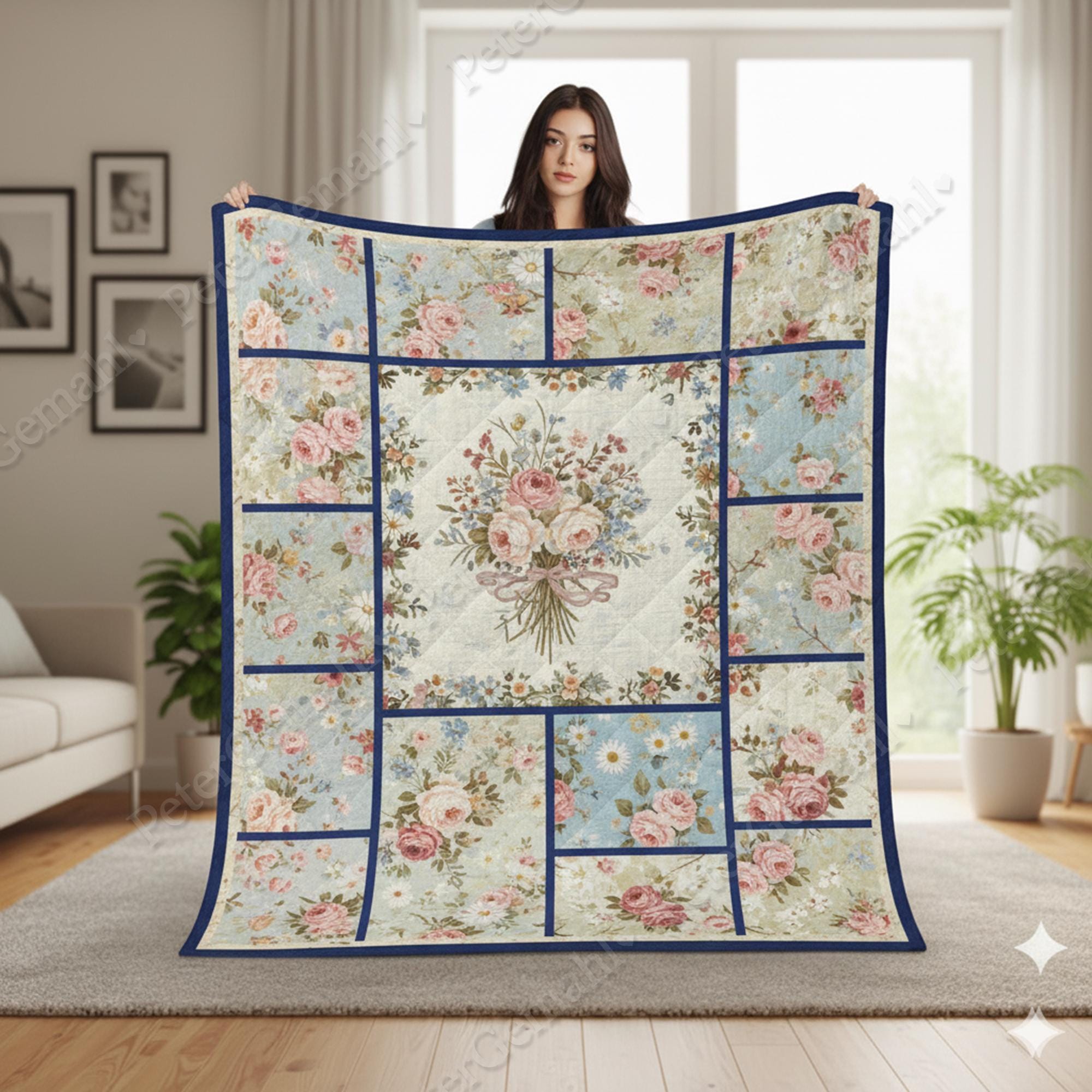 Floral Quilt Blanket, Flower Bedding, Handmade Cozy Blanket, Bedroom Decor Quilt, Boho Home Decor, Gift for Her
