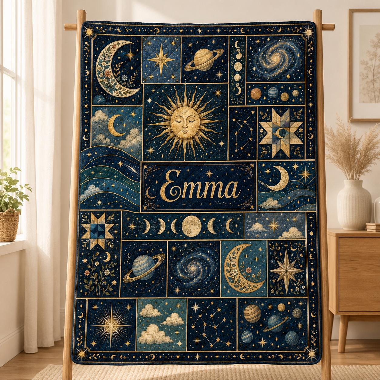 Personalized Celestial Quilt Blanket, Custom Name Moon and Stars Throw, Navy Galaxy Nursery Quilt