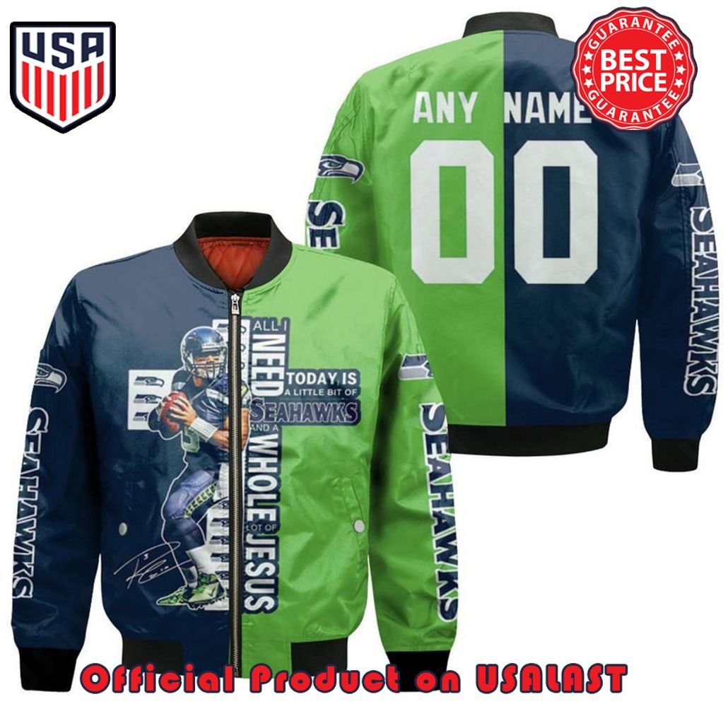 SEATTLE SEAHAWKS WITH CUSTOM NAME NUMBER BOMBER JACKET – GREEN AND BLUE