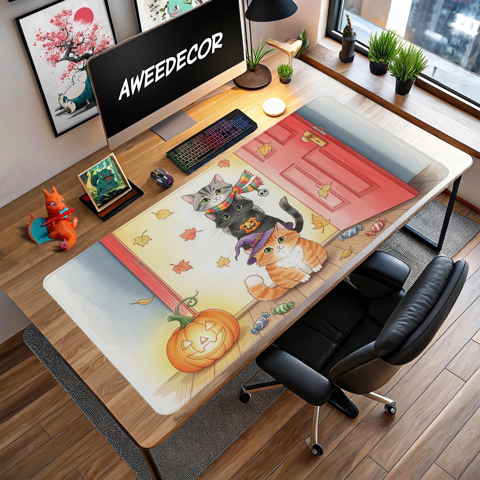 Halloween Cat Desk Mat: Pumpkin Trick or Treat Fall Decor
