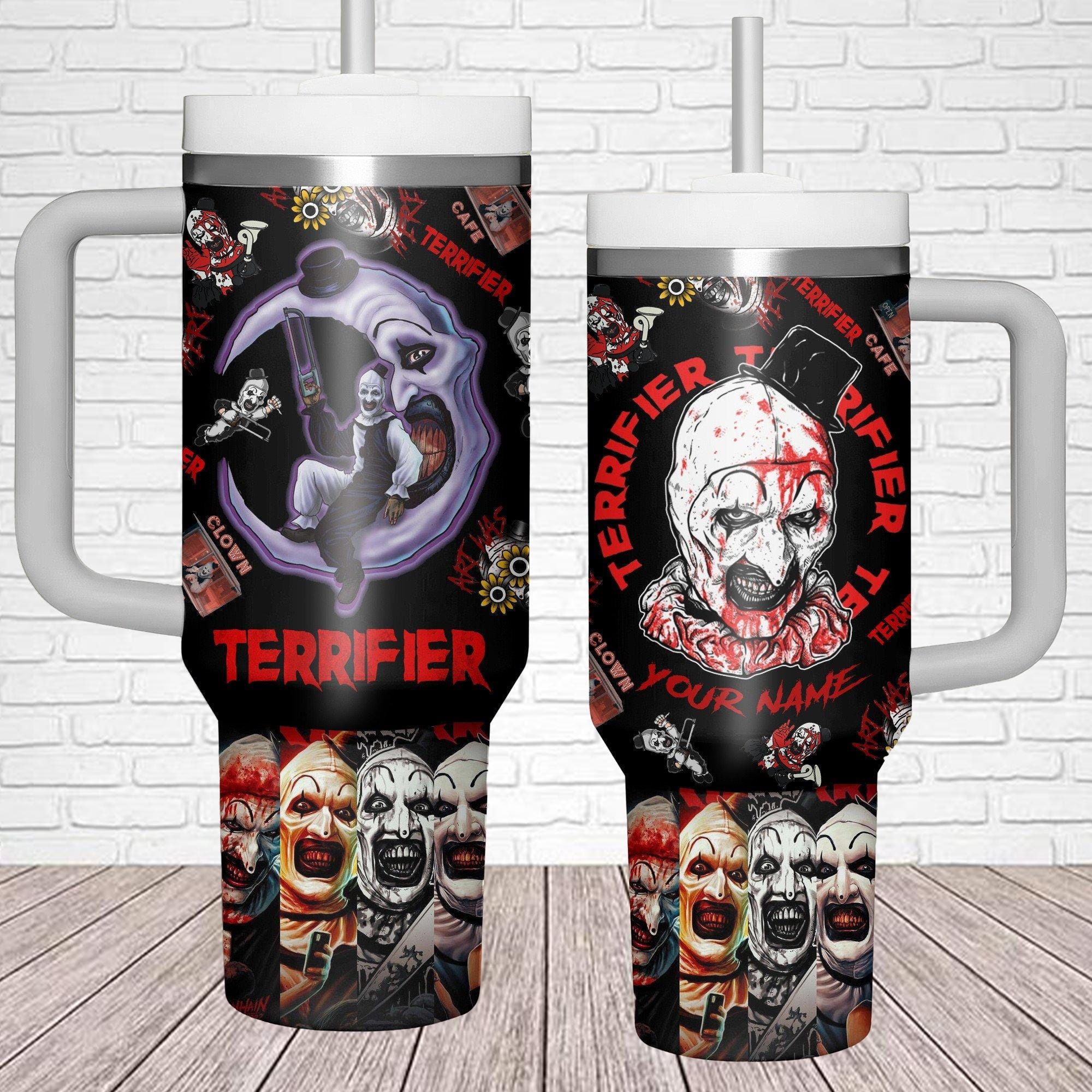 Terrifier Tumbler 40 oz, Personalized Terrifier Horror Tumbler Cup, The Scary Clown Coffee Tumbler, Horror Movie Halloween Tumbler