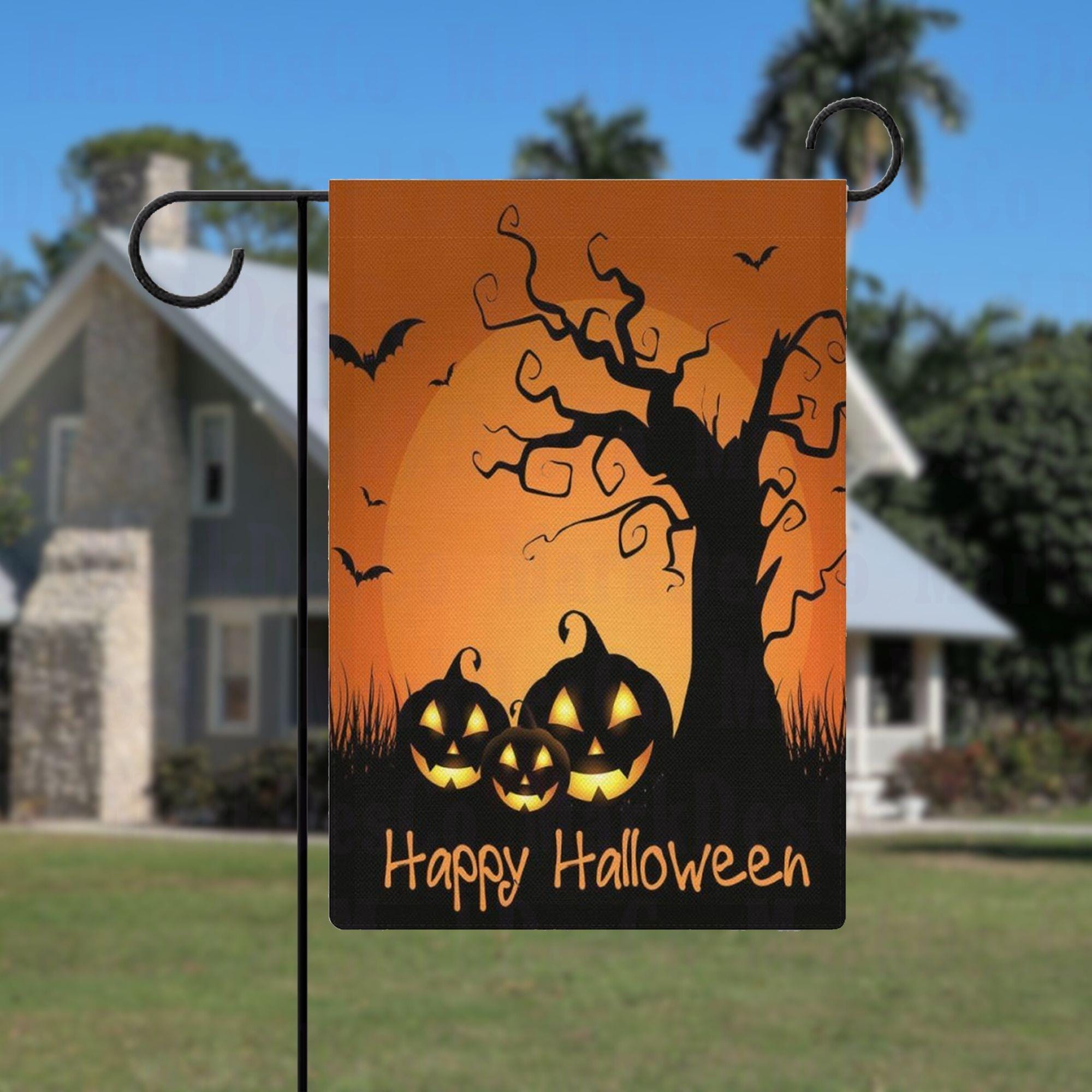 Glowing Pumpkins and Haunted Tree Halloween Garden Flag, Spooky Jack-O-Lanterns