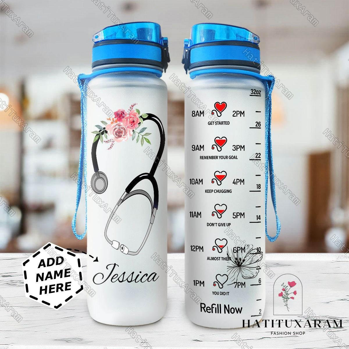 Nurse Water Tracker Bottle, Nurse Bottle Personalized Name, Nurse Motivational Bottle With Strap 32 oz, Nurse Gift, Nurse Appreciation