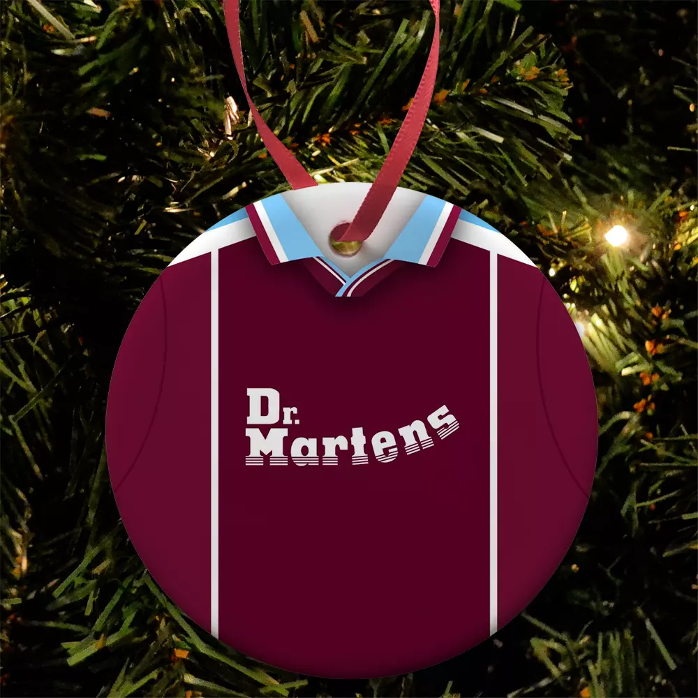West Ham 1999 Retro Home Shirt Christmas Tree Decoration Bauble Flat Ceramic Utd