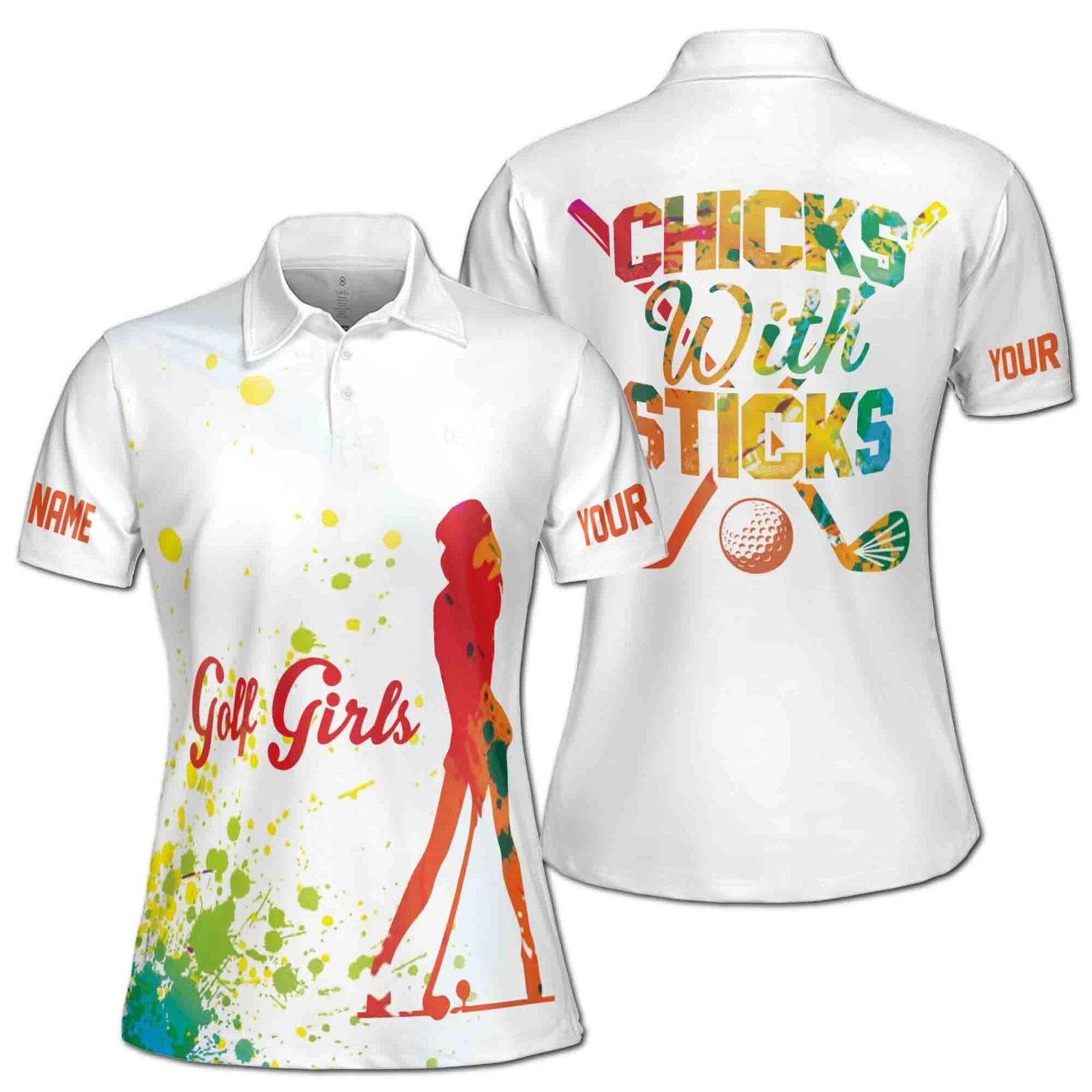 Women's Polo Shirt S-5XL with Colorful Spatter Chick Design and Custom Name
