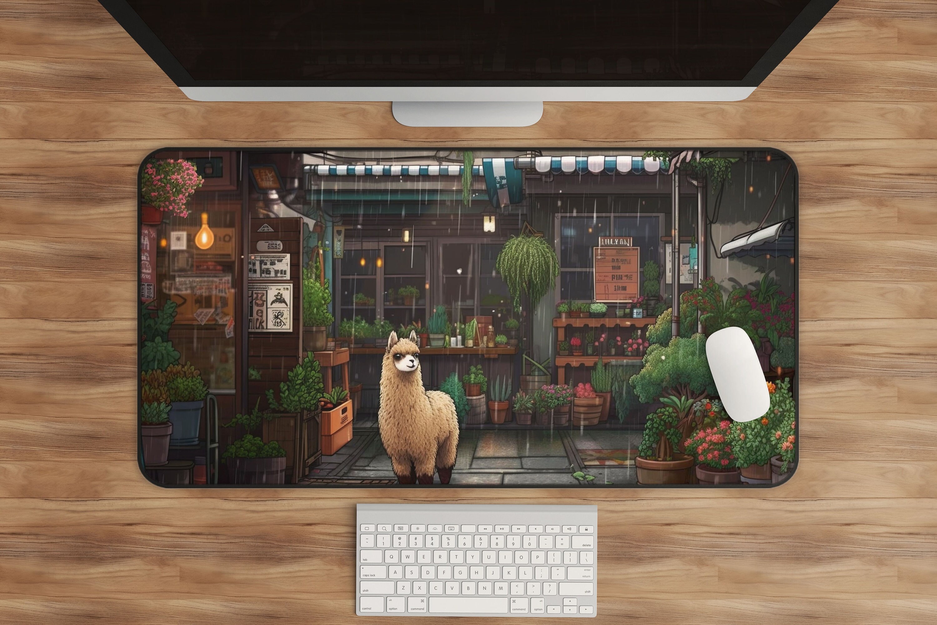 Llama & Plant Desk Mat - Kawaii Extended Gaming Mousepad