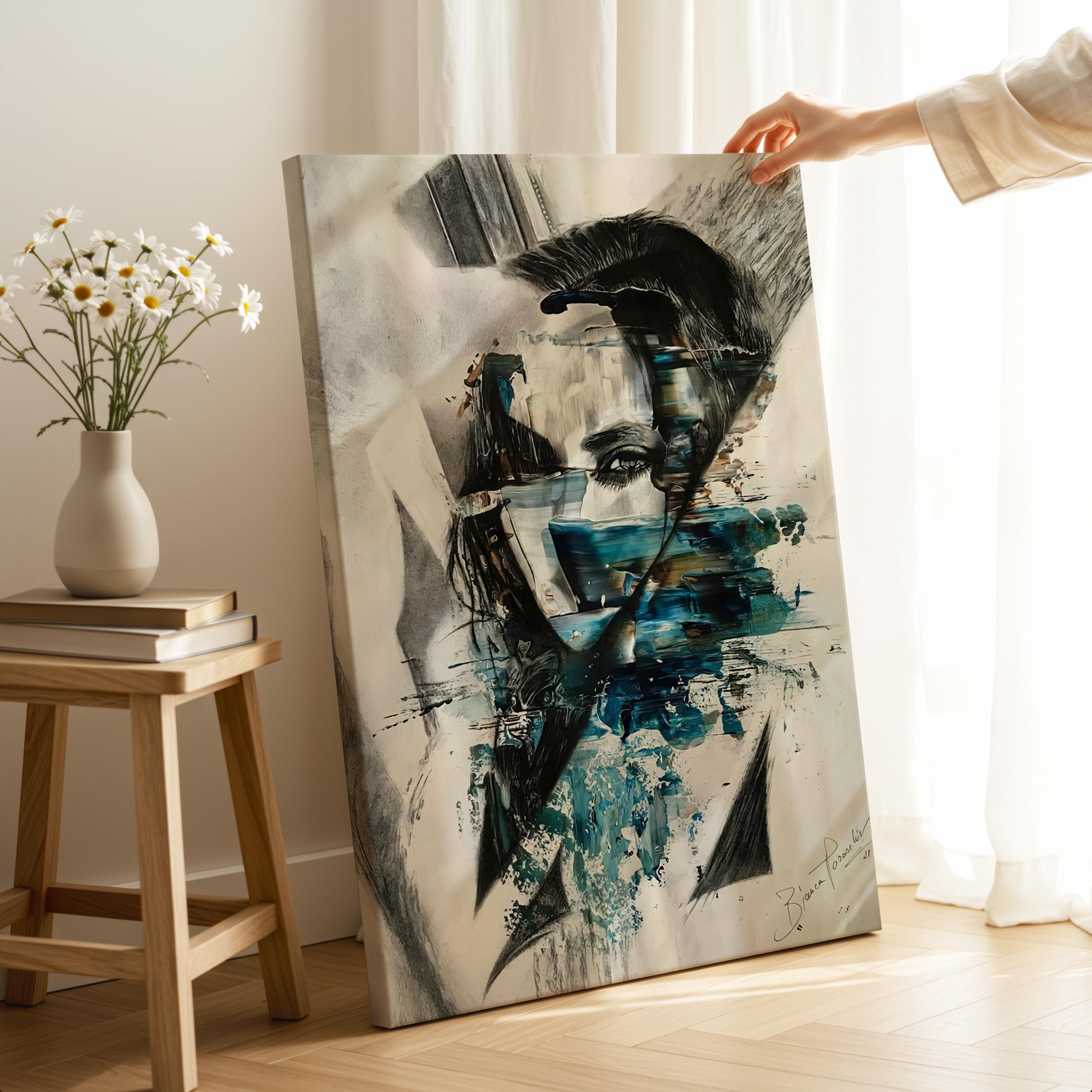 Abstract Woman Portrait Canvas Print in Blue and Black Ready to Hang
