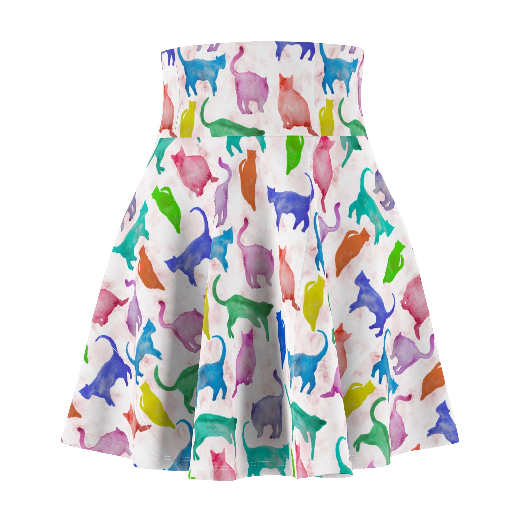 Cat Pattern Skater Skirt, Women's Versatile Fit Circle Skirt with Elastic Band and Cute Pastel Cats Print