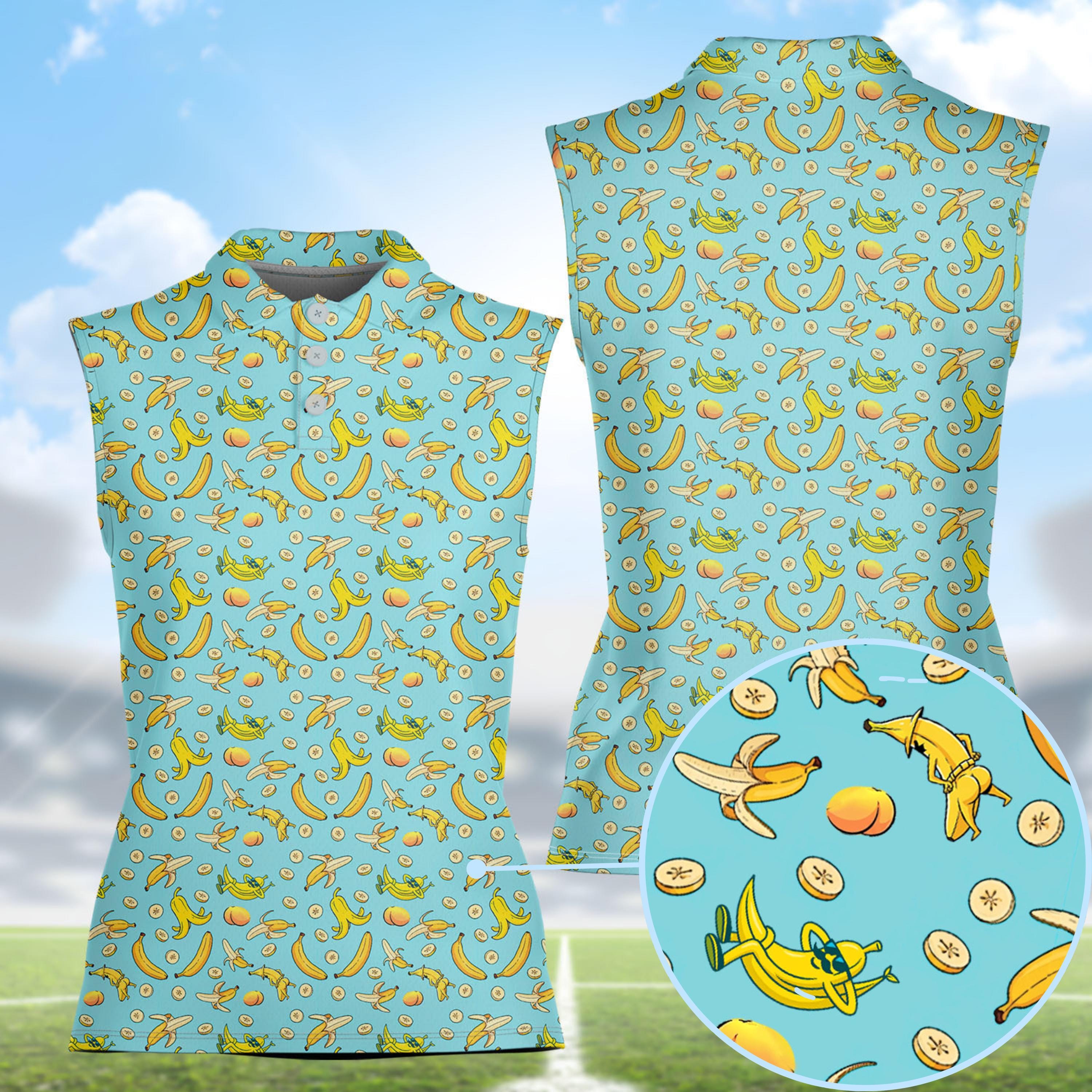 Women's Sleeveless Polo Shirt, Funny Banana Print, Tropical Fruit Pattern, Summer Golf Top, Novelty Casual Shirt