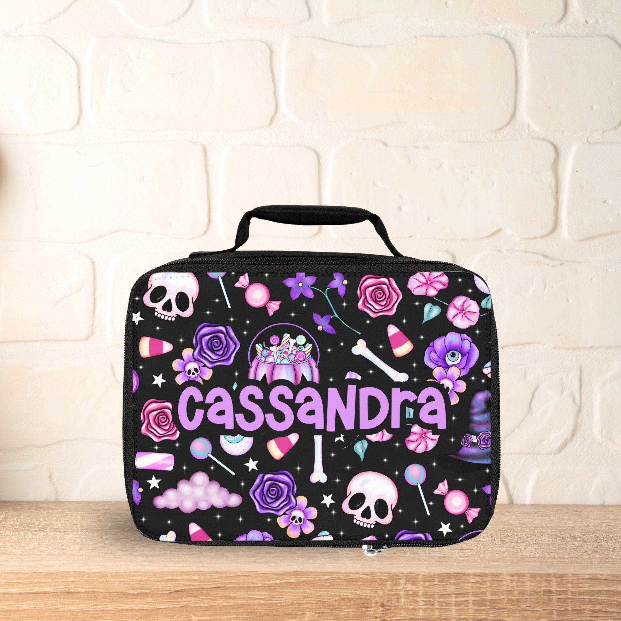 Personalized Pastel Goth Lunchbox / Whimsigoth Halloween Candy Lunch Box / Spooky Pink Lunch Bag / Custom Name Insulated Lunch Tote for Girl