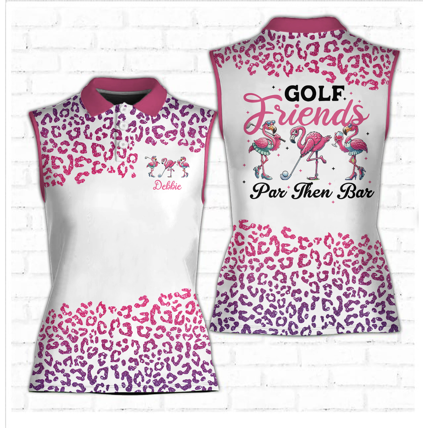 Personalized Pink Leopard Glitter Golf Polo Shirt, Custom Name Women Sleeveless Polo Shirt, Golf Friends Par Then Bar Flamingo Playing Golf