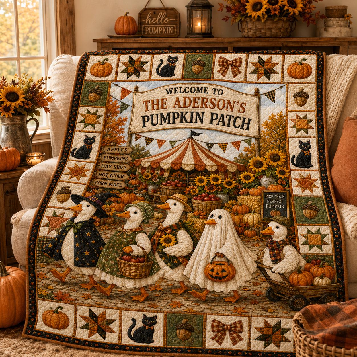 Personalized Fall Harvest Quilt Blanket, Pumpkin Patch Halloween, Black Cat Sunflower Autumn Quilt for Bed Sofa