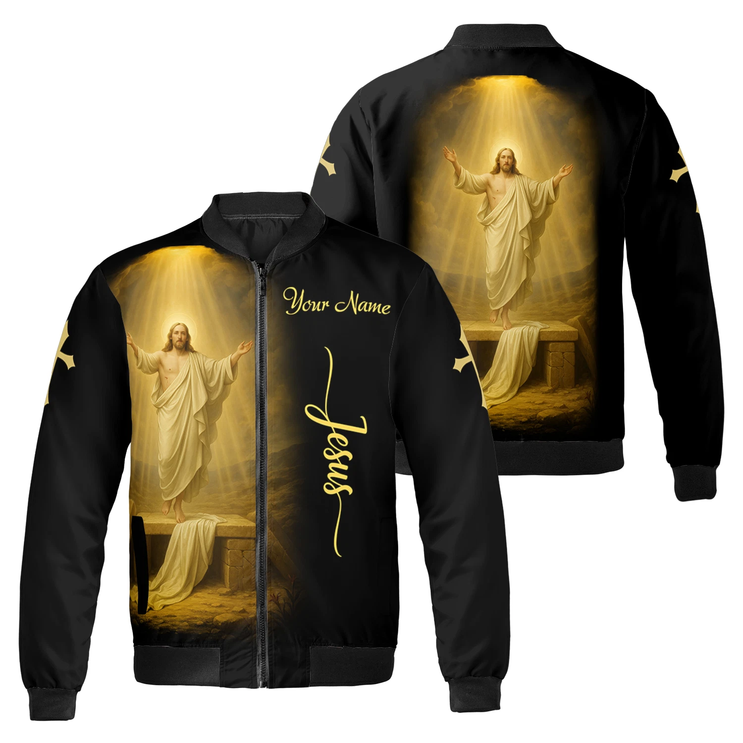 Personalized Jesus Ascension Golden Light Xmas Gift Christian Bomber Jacket