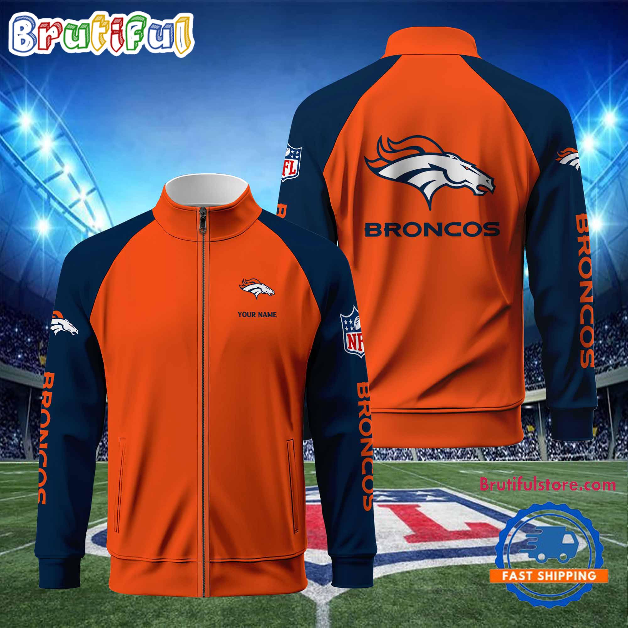 Denver Broncos Football Team Custom Name Standing Neck Zipper Jacket