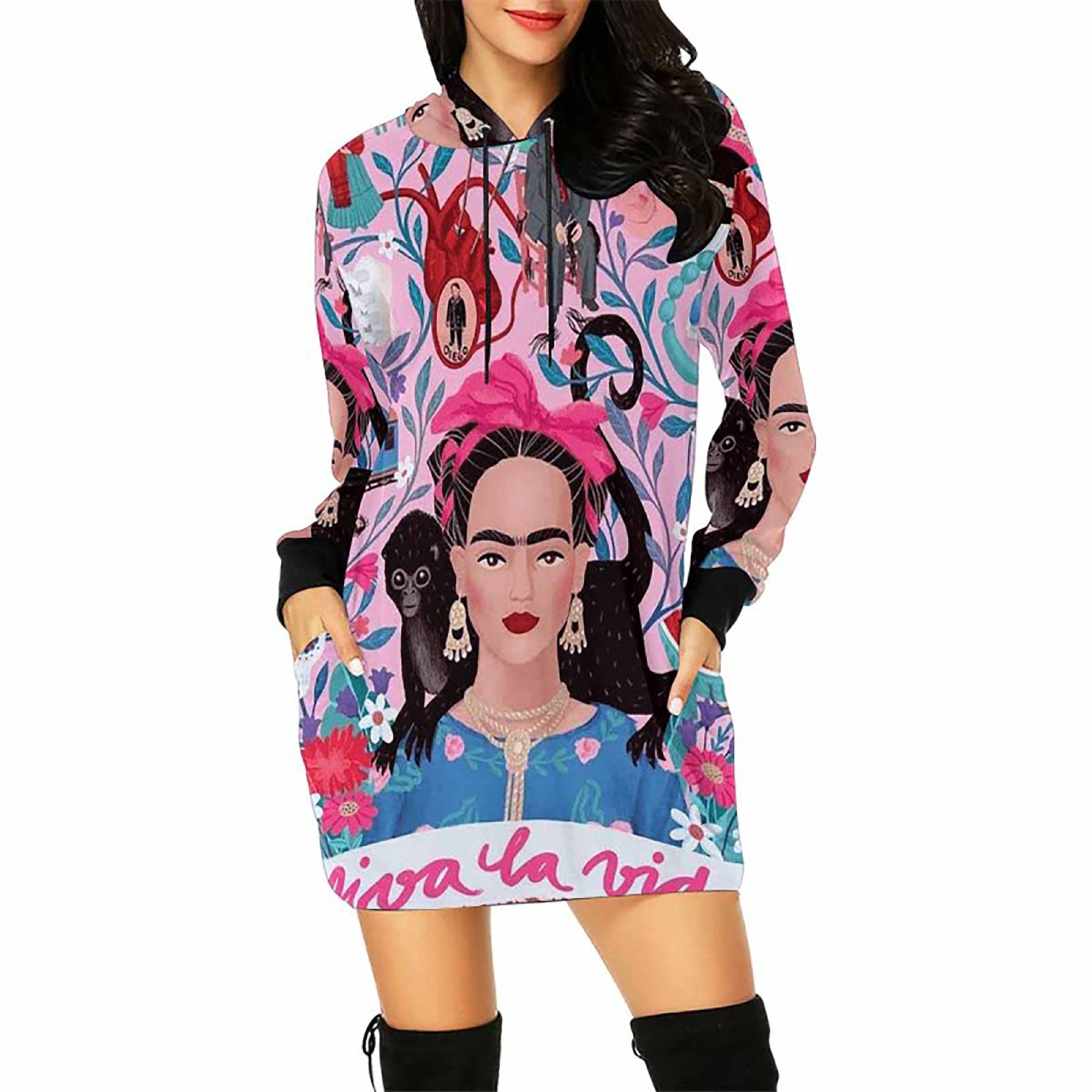 Women's All Over Print Hoodie Mini Dress Hummingbird Garden Black Streetwear, Artwear Hoodie, Mini Hoodie Dress, Long Hoodie