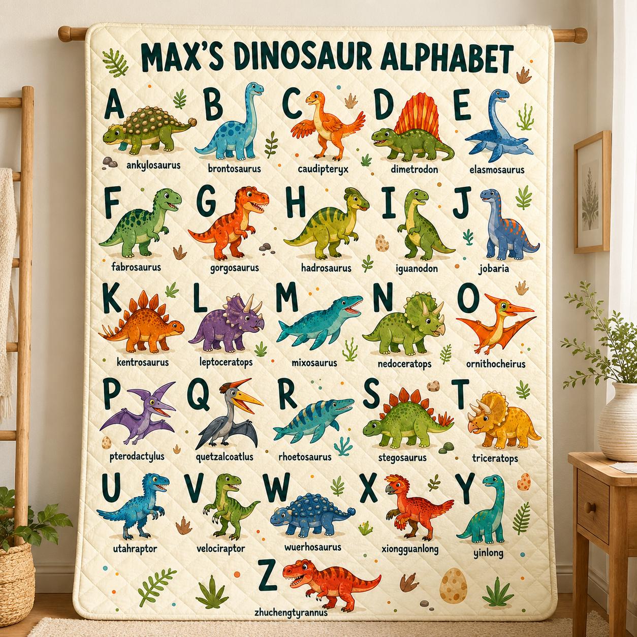 Personalized Dinosaur Alphabet Quilt Blanket, Custom Name Educational Nursery Quilt