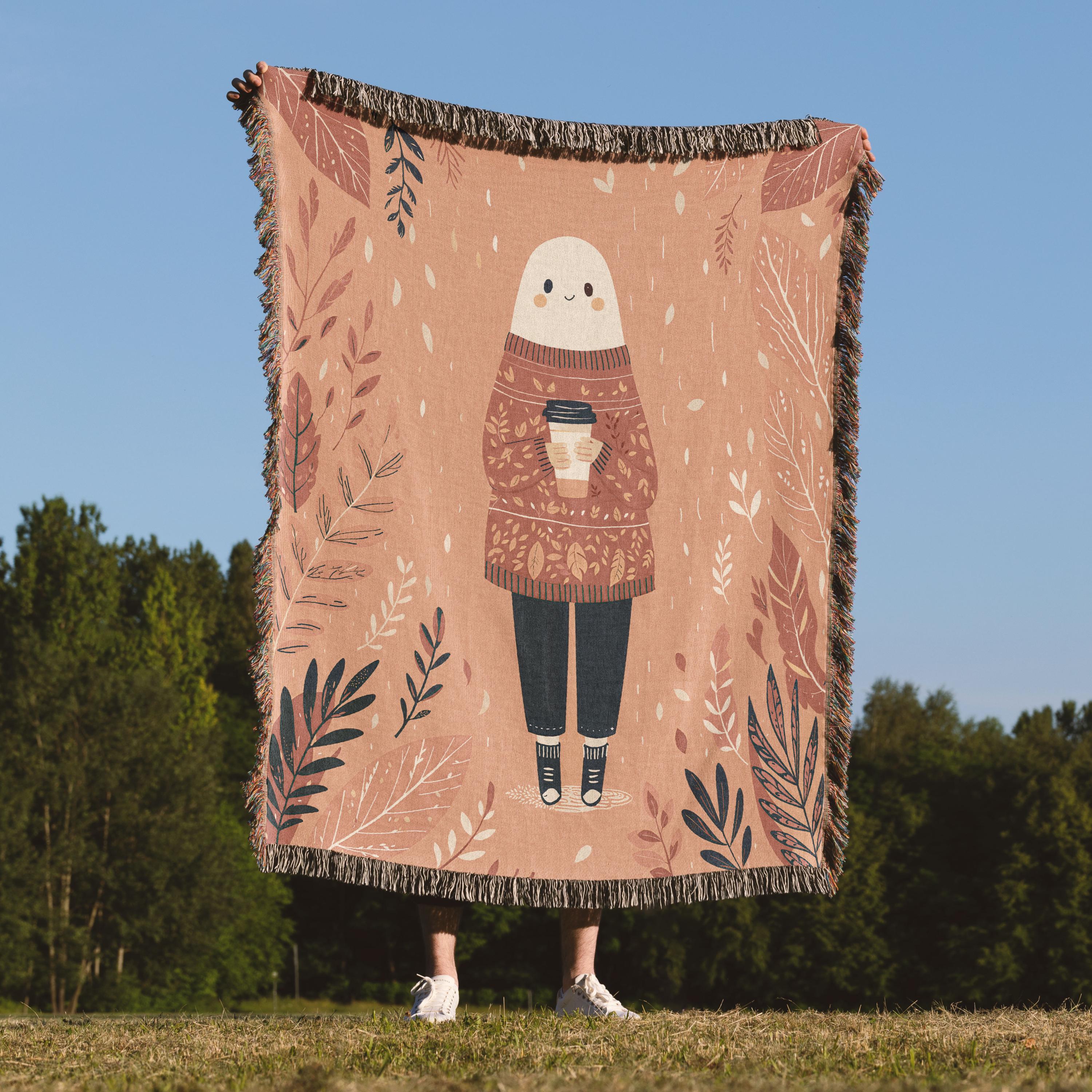 Cozy Fall Woven Blanket with Autumn Leaves Cottagecore