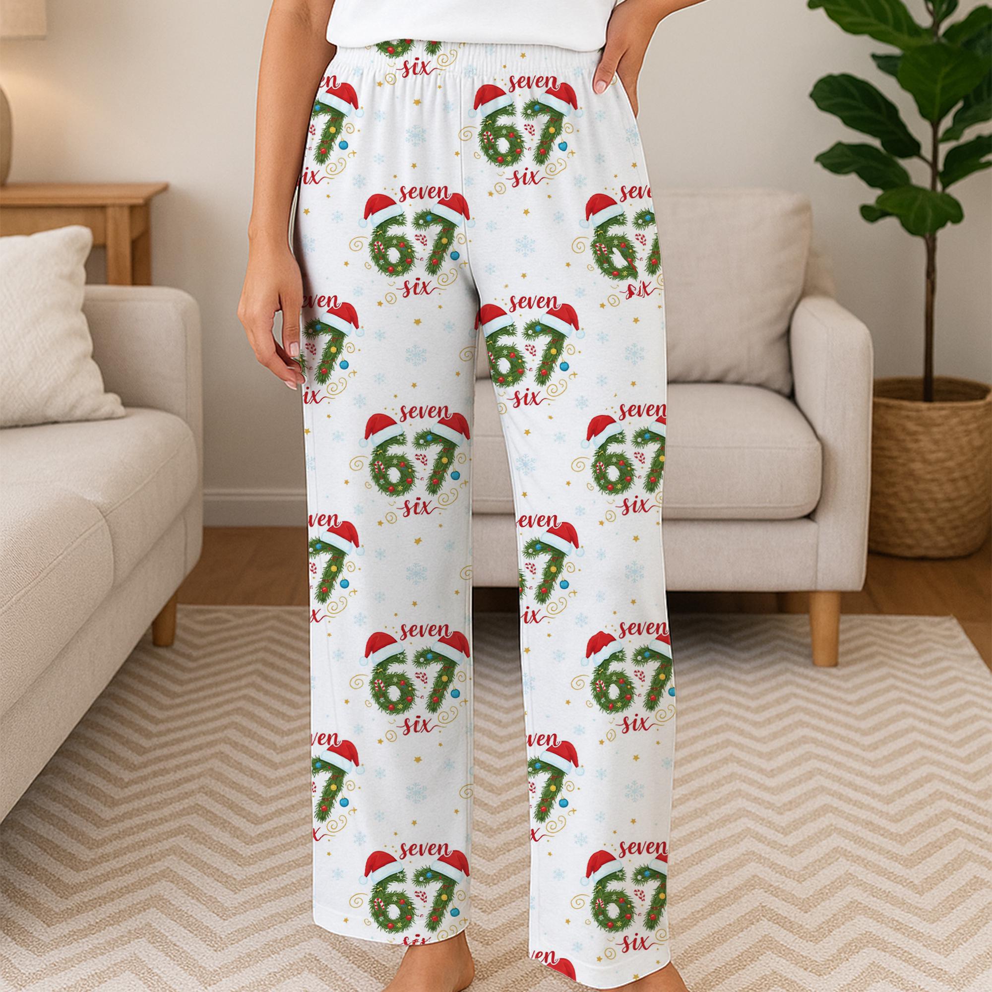 67 Christmas Pajama Pants Six Seven Number Wreath Print, Snowflake Pattern, 6 7 Holiday