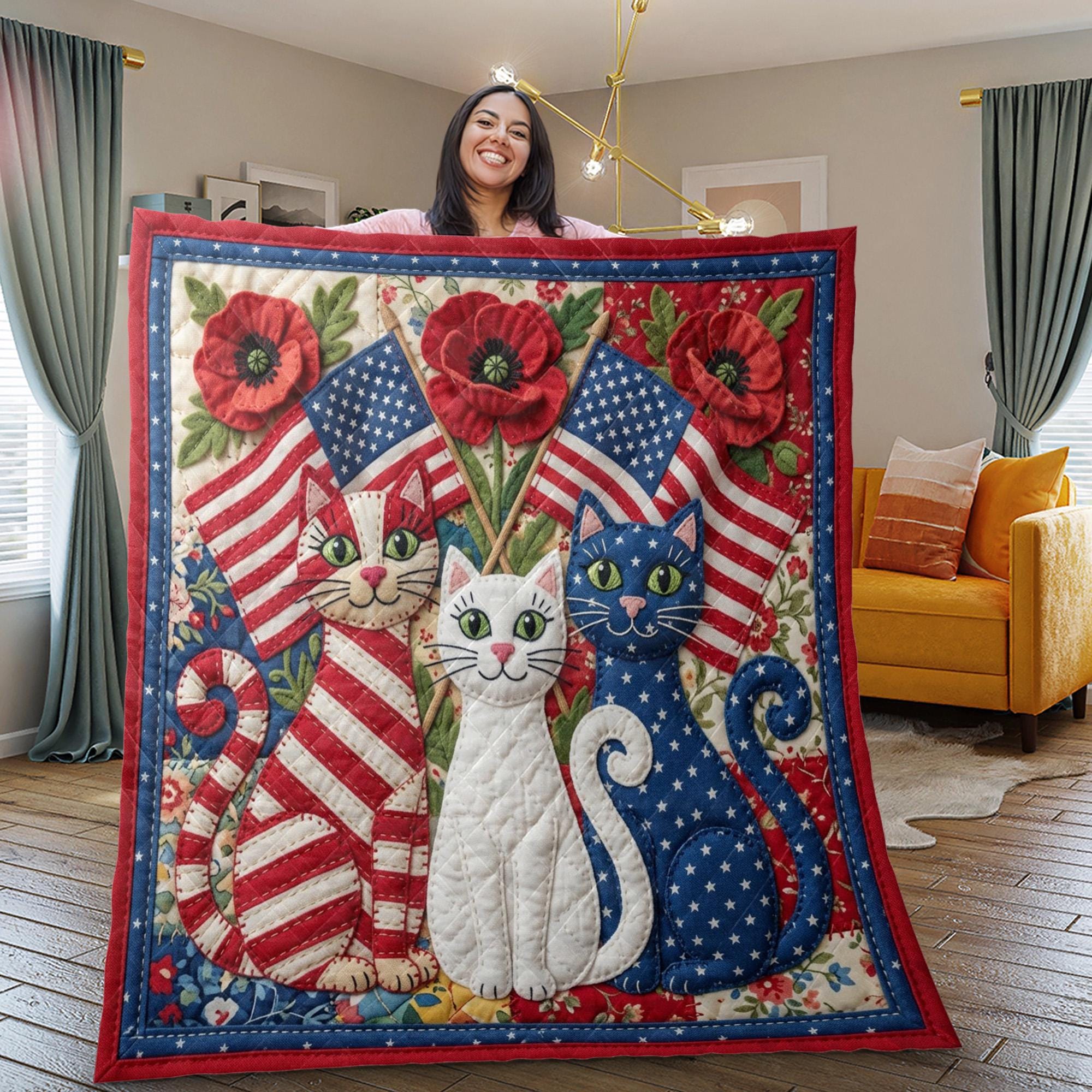 Printed Quilt Blanket: Patriotic Cats American Flag USA 250th Anniversary Americana